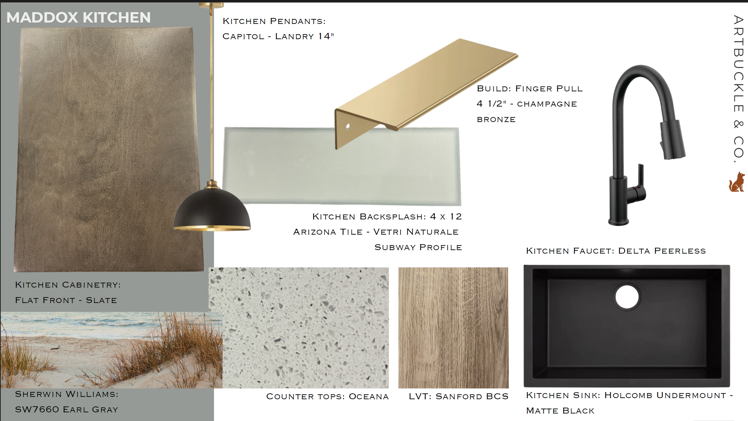 Kitchen material specification board by Artbuckle & Co. featuring Sherwin-Williams Frost and Slate cabinetry, Arizona Tile Vetri Naturale subway backsplash, Oceana countertops, and Capitol Landry dome pendant lights.