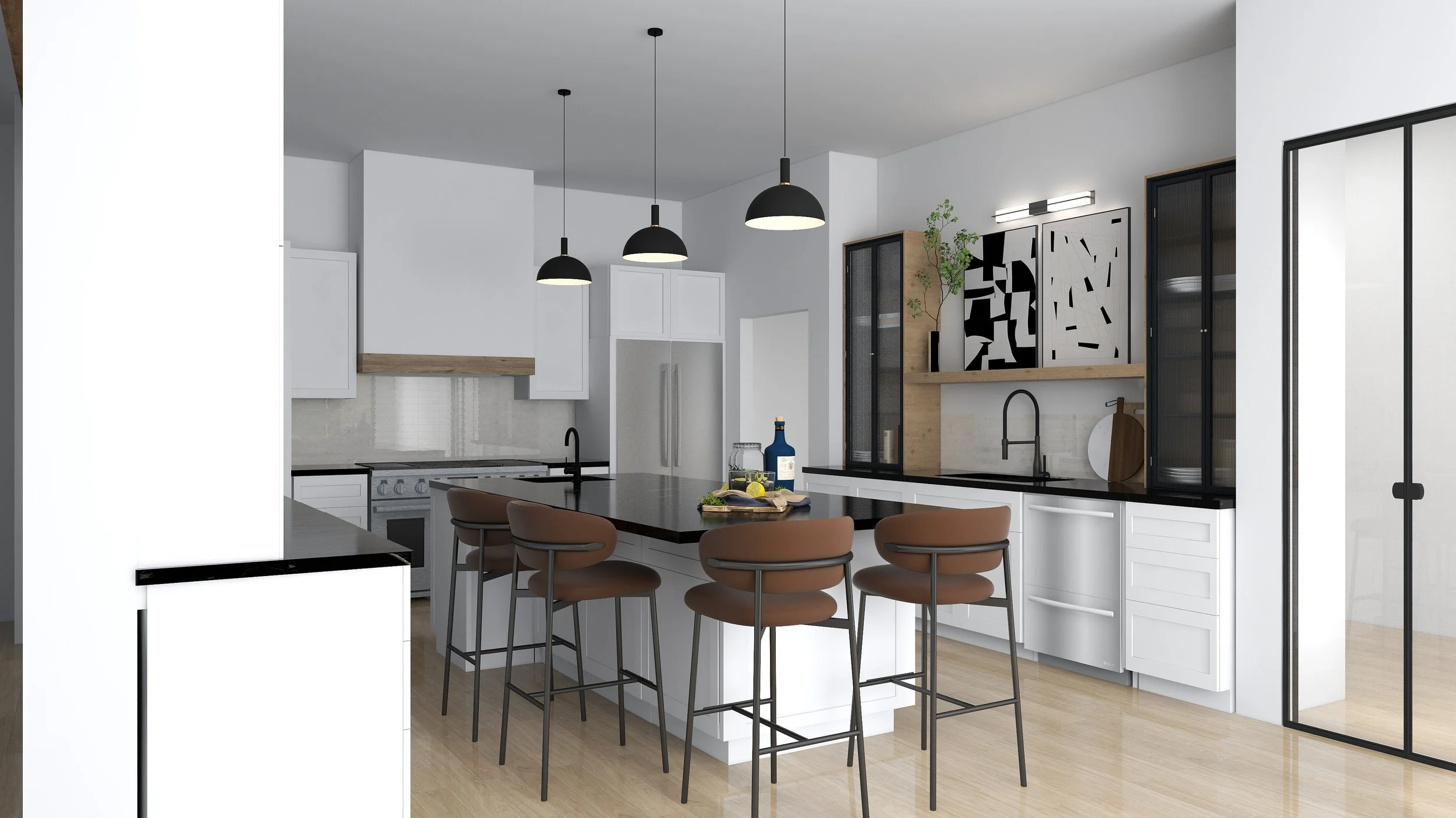 3D rendering of the kitchen for a Lakewood Hills home in Dallas, Texas, with white cabinetry, a black-topped island with rust-colored stools, black dome pendants, and glass-front oak cabinets, designed by Artbuckle & Co.