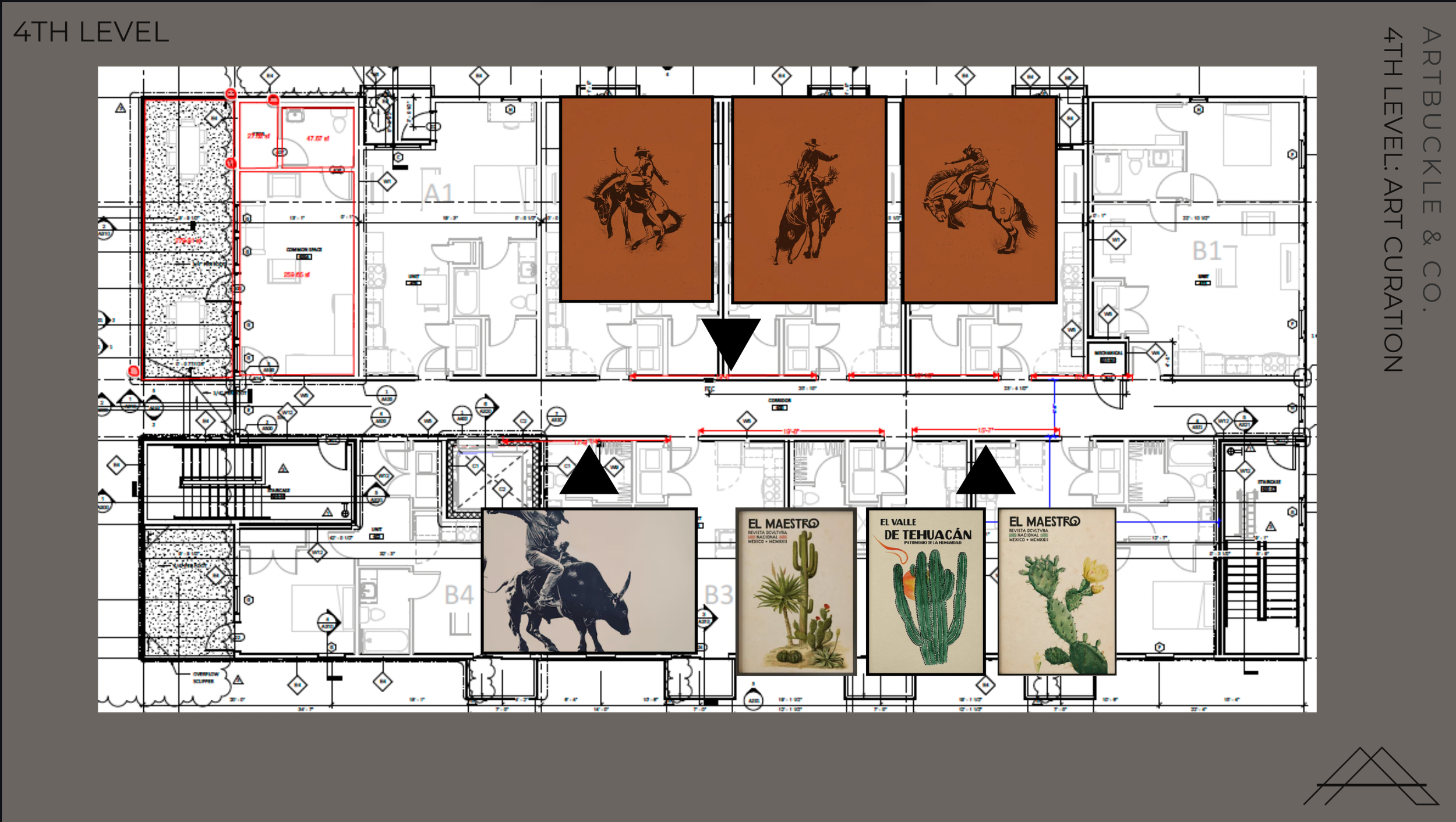 CAD floor plan and western art curation scheme for the 4th level common area at Gateway Park in Dallas, Texas, designed by Artbuckle & Co.