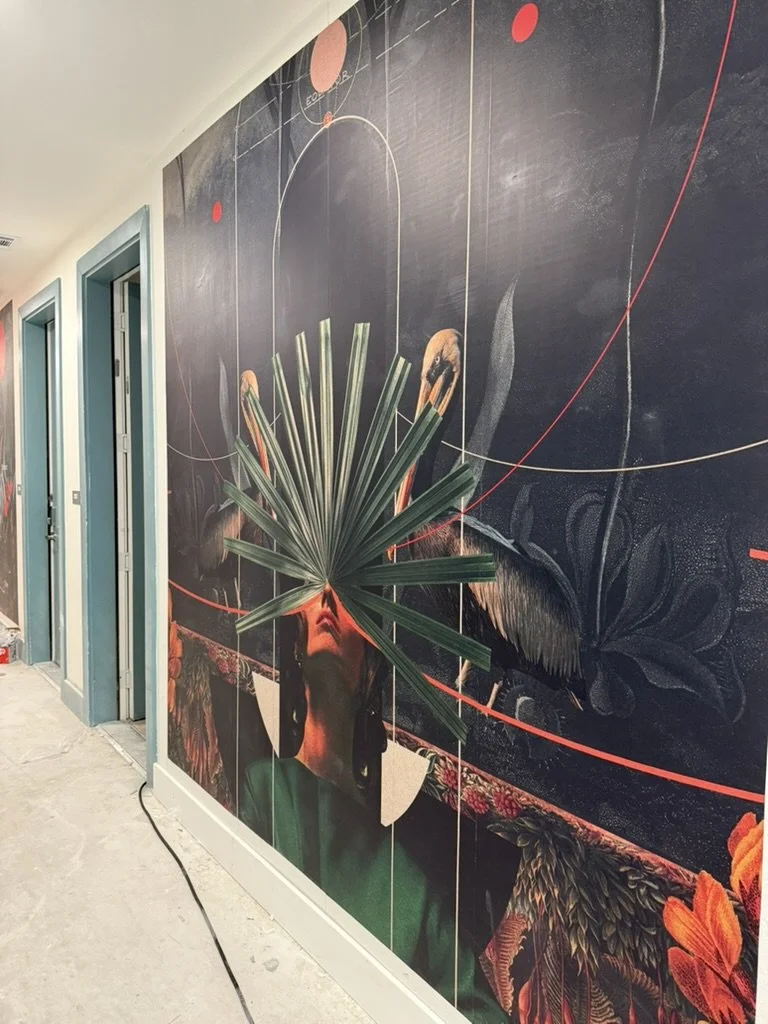 Framing phase and Frank Moth botanical palm wall mural installation at East 9th in Dallas, TX, executed by Artbuckle & Co.