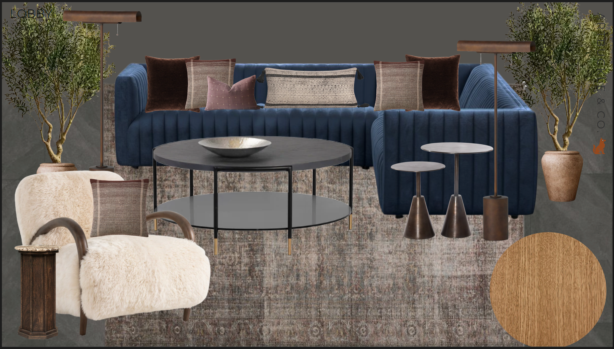 3D interior concept rendering for an amenity lounge by Artbuckle & Co., featuring a navy channel-tufted sectional, bouclé shearling accent chair, warm wood built-ins, and natural olive trees.