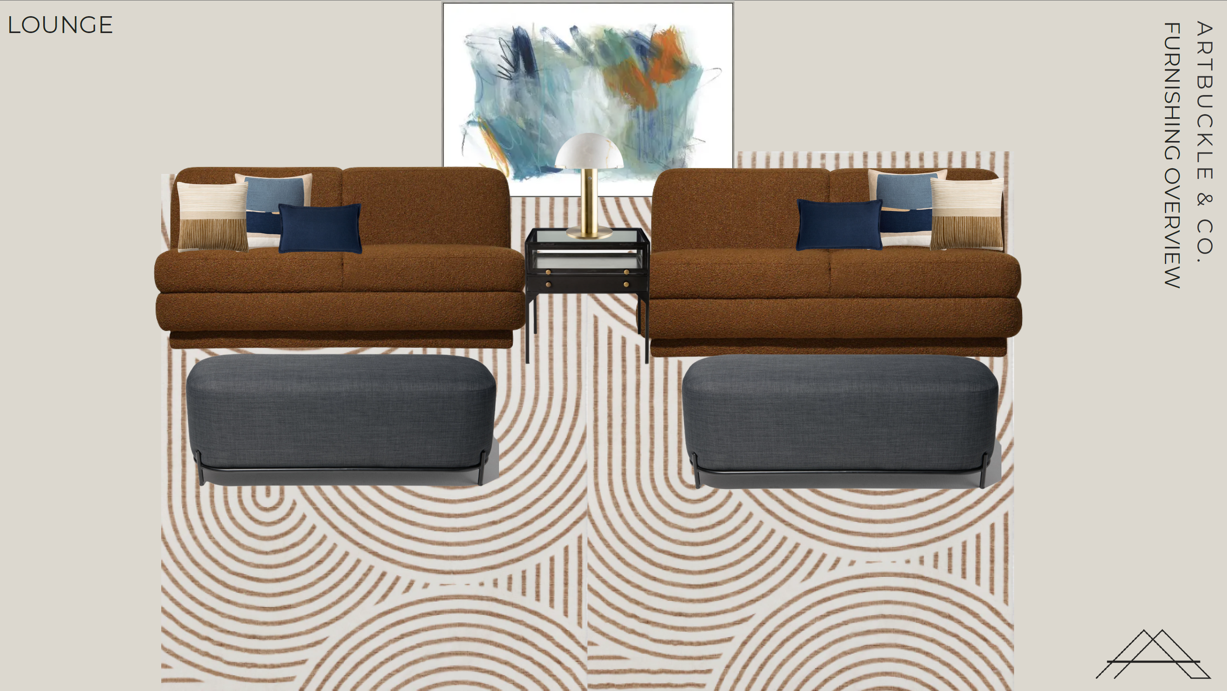 3D concept design board for the resident lounge at Beacon in Frisco, TX, showing cognac sofas, charcoal ottomans, marble side table, and abstract wall art, designed by Artbuckle & Co.