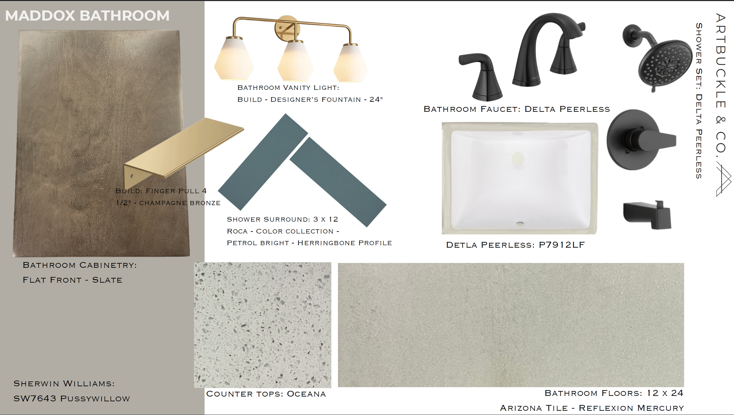 Maddox Bathroom material specification board by Artbuckle & Co., featuring Sherwin-Williams Pussywillow flat-front cabinetry, champagne bronze finger pulls, Roca Petrol Bright herringbone shower surround tile, Delta peerless matte black plumbing.