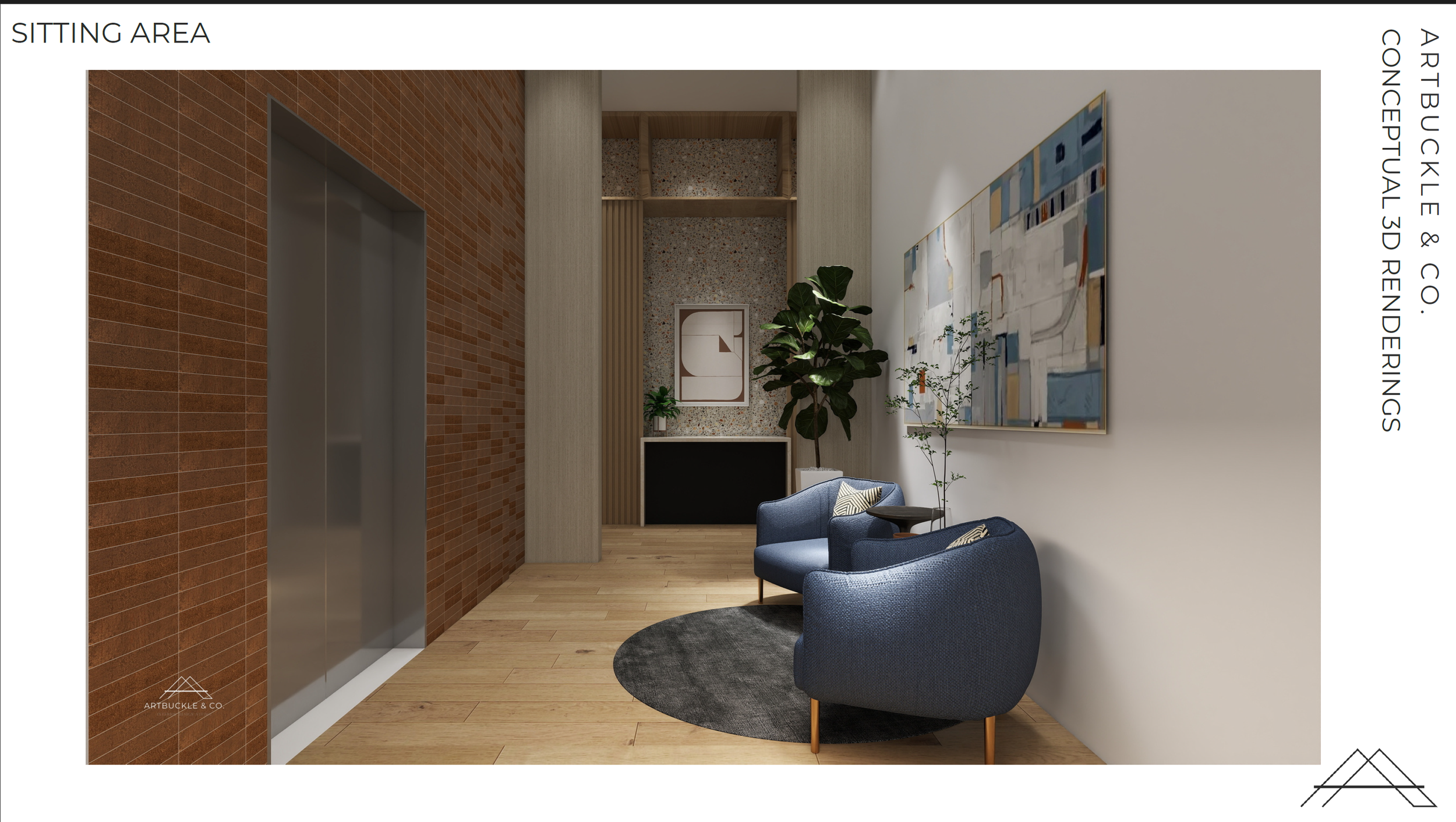3D rendering of the reception corridor at Beacon in Frisco, Texas, showing fluted wood wall panels, brick tile ceiling, and blue velvet seating, designed by Artbuckle & Co.