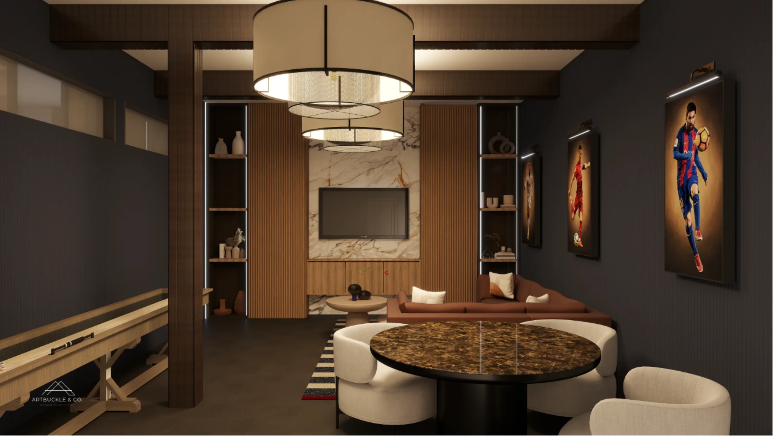 The Platform game room rendering with shuffleboard and marble table. Designed by Artbuckle & Co