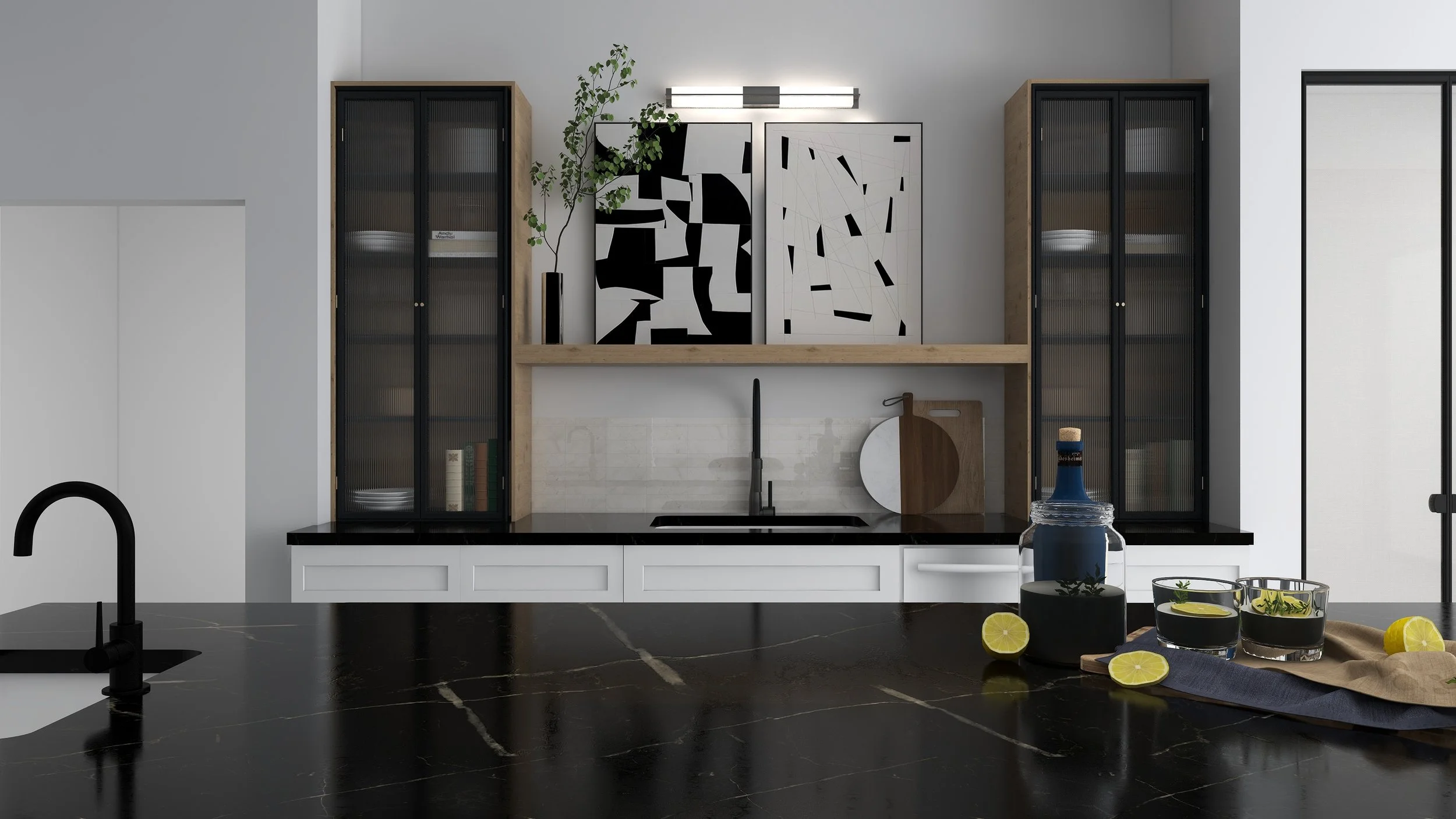 3D rendering of the kitchen sink wall for a Lakewood Hills home in Dallas, Texas, with reeded glass-front cabinets, a floating oak shelf, abstract art, and a black marble-veined counter, designed by Artbuckle & Co.