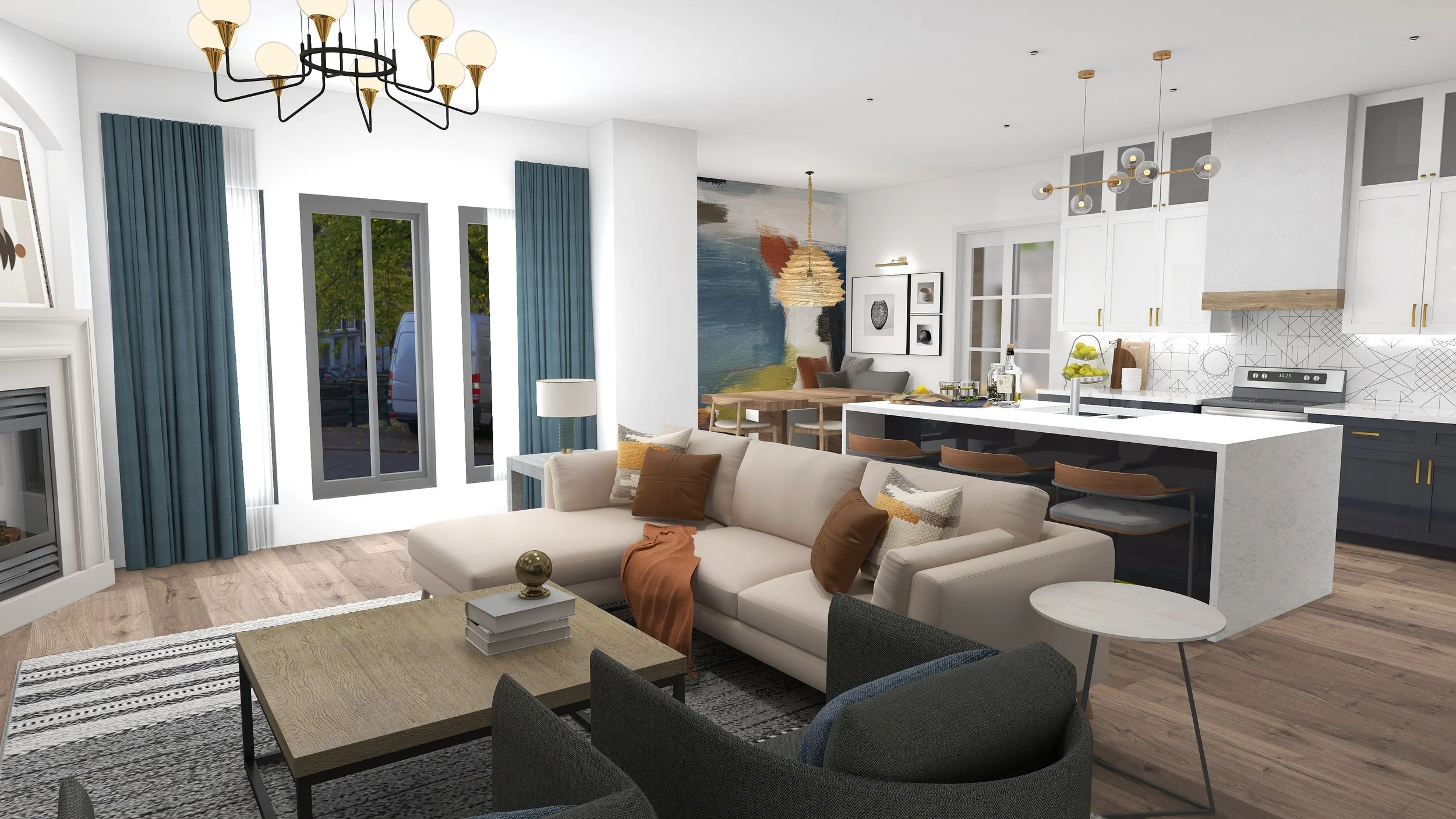 3D concept rendering of an open-concept living area and kitchen in Sunnyvale, TX, featuring a light sectional sofa, dark accent chairs, and custom lighting, designed by Artbuckle & Co.