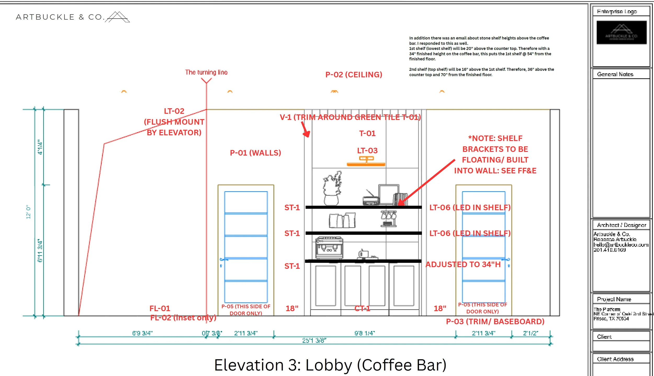 Lobby coffee bar elevation drawing for The Platform in Frisco, TX. Designed by Artbuckle & Co.