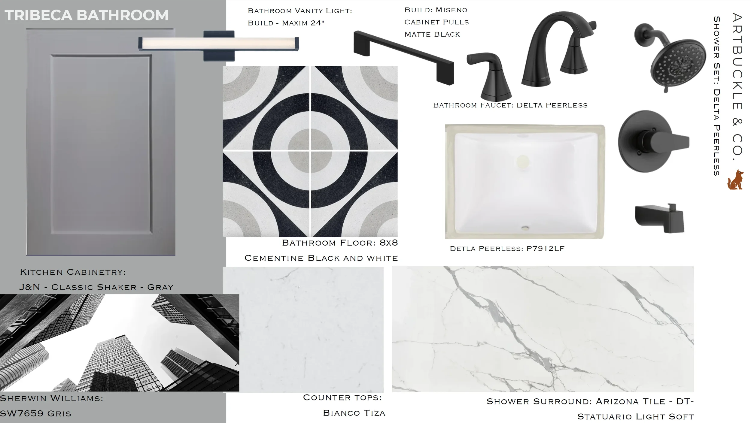 Tribeca bathroom finish board for The View in Frisco's Rail District with black-and-white cement tile and matte black fixtures. Designed by Artbuckle & Co.