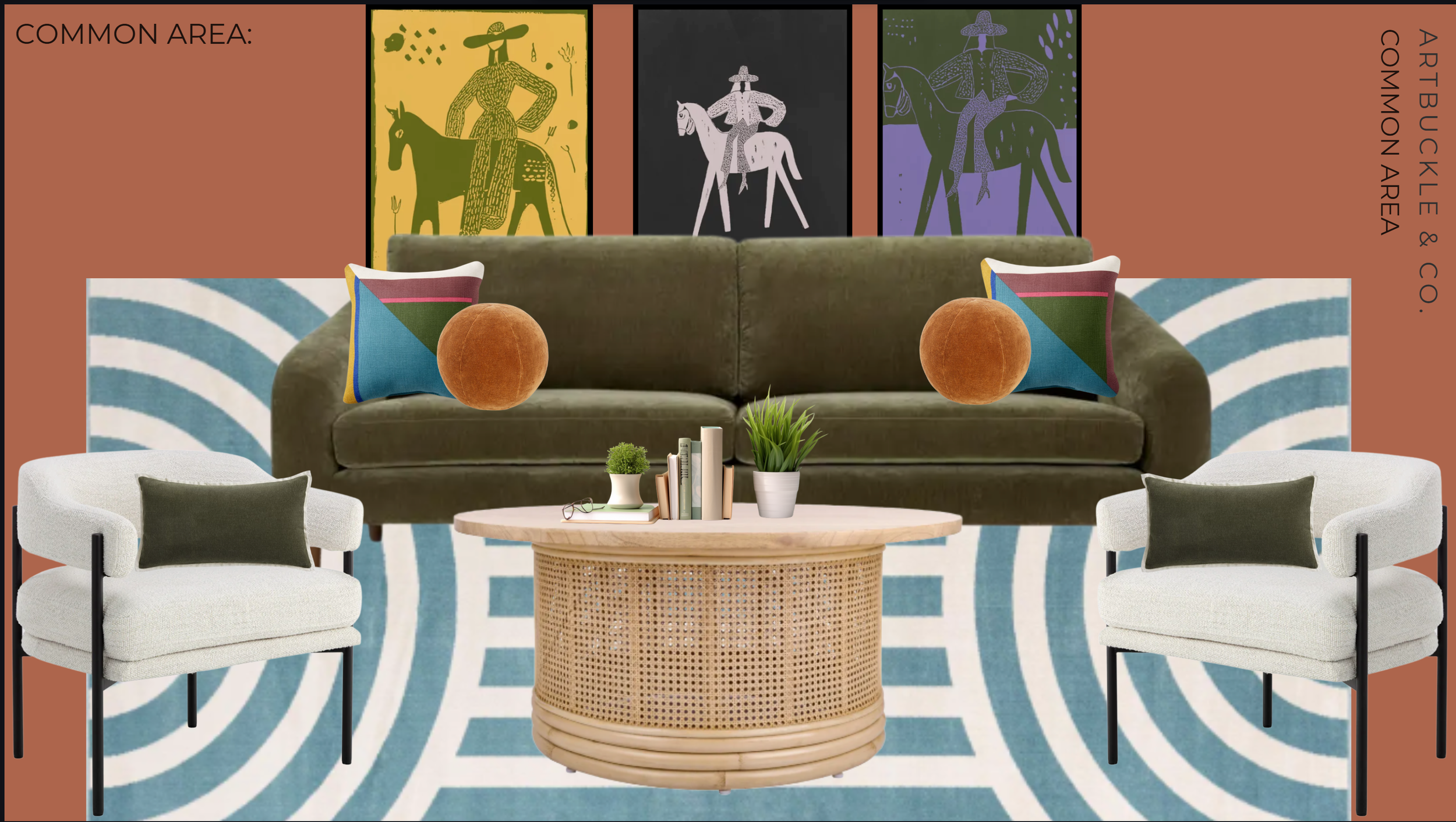 Amenity lounge mood board for Gateway Park in Dallas, TX, featuring a green sofa, bouclé chairs, rattan coffee table, striped rug, and bull rider art prints, designed by Artbuckle & Co.