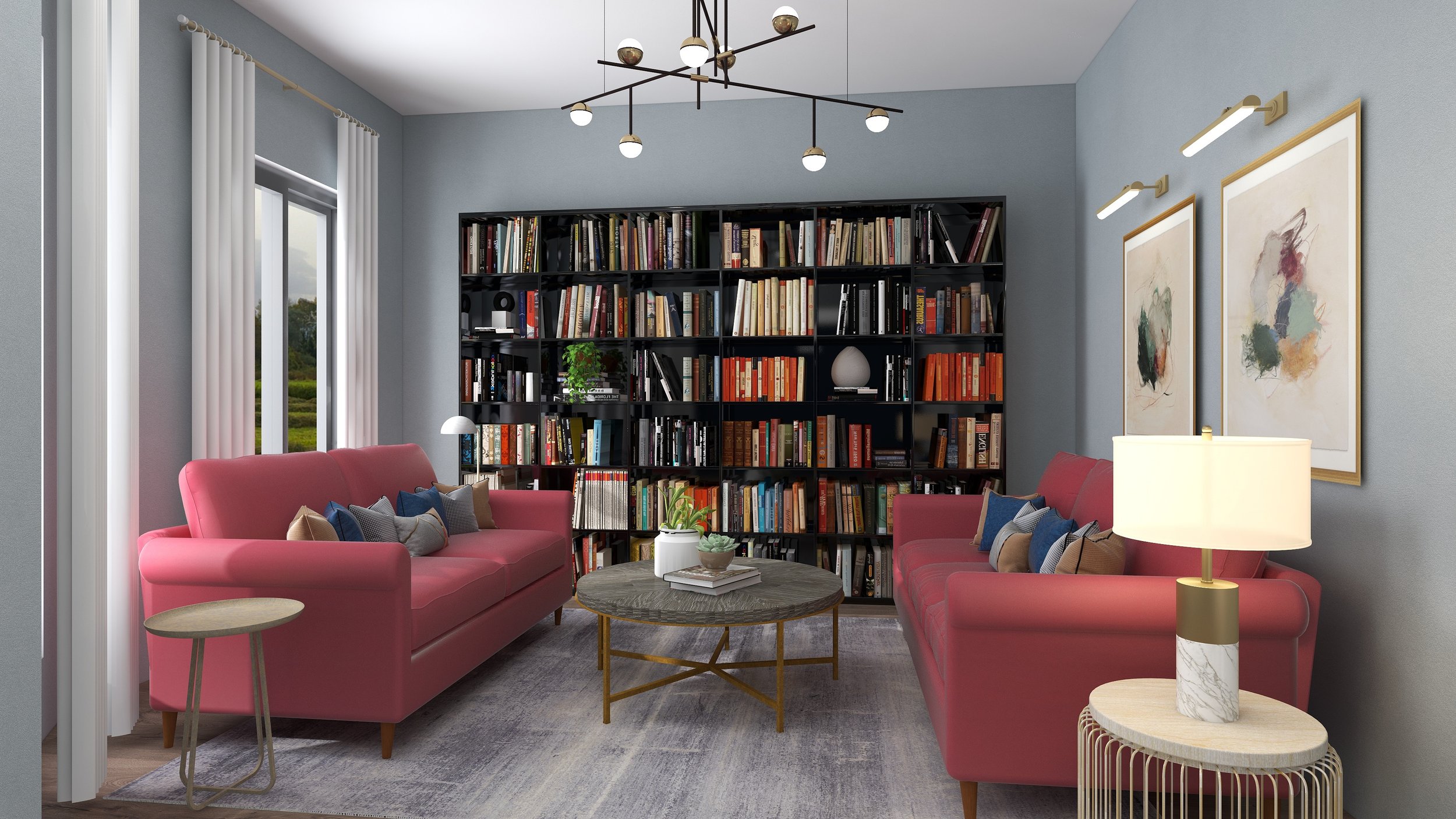 3D concept rendering of a cozy library and sitting room in Sunnyvale, TX, featuring dusty blue walls, pink velvet sofas, a black bookcase, and brass lighting, designed by Artbuckle & Co.