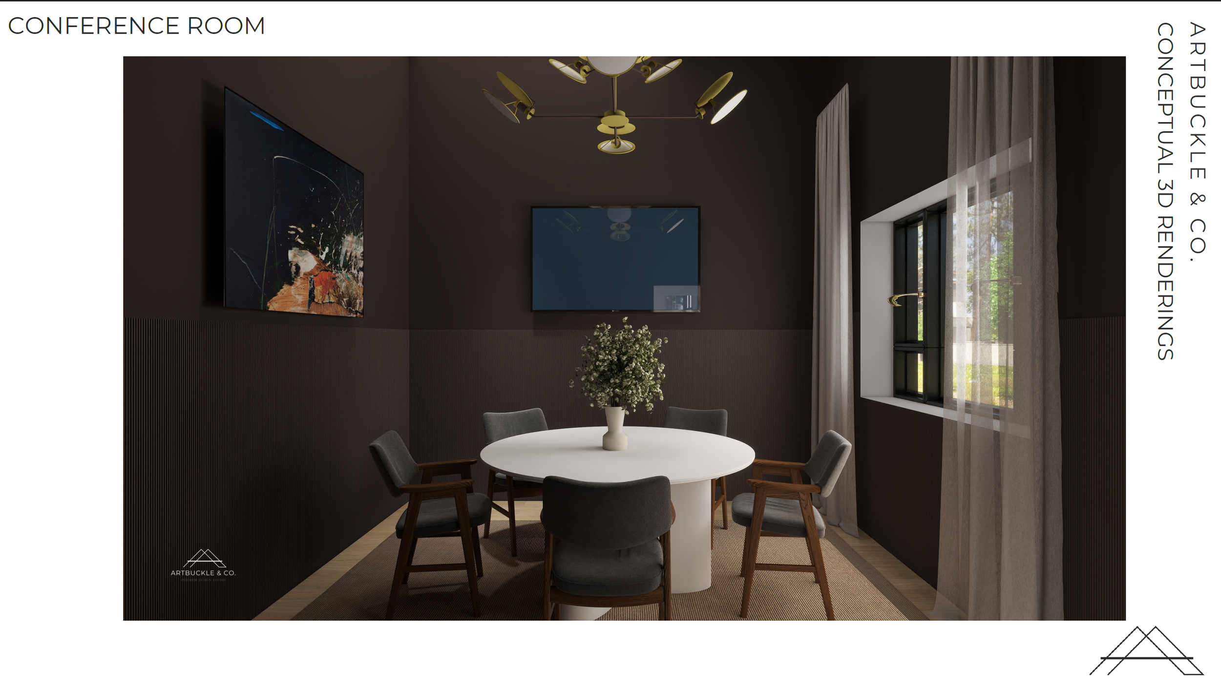 3D rendering of the private conference room at Beacon in Frisco, TX, featuring dark wall paneling, a round white conference table, and brass lighting, designed by Artbuckle & Co.