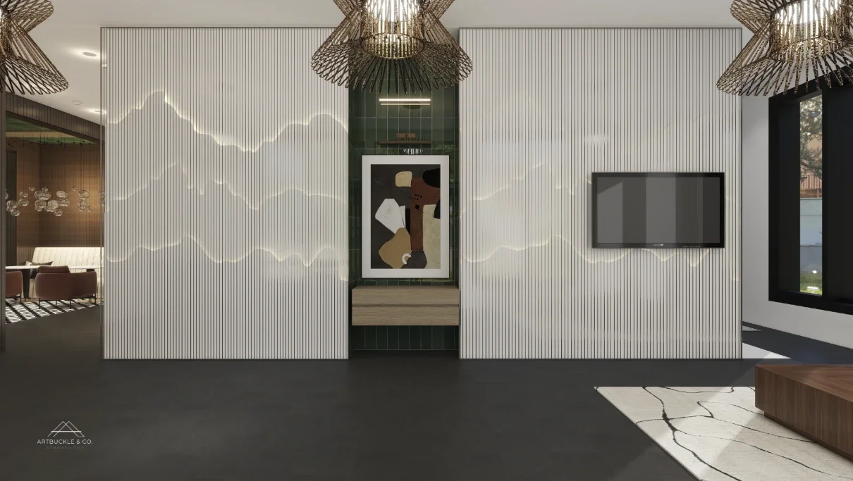 The Platform fluted entry feature wall rendering with green tile niche and art. Designed by Artbuckle & Co.