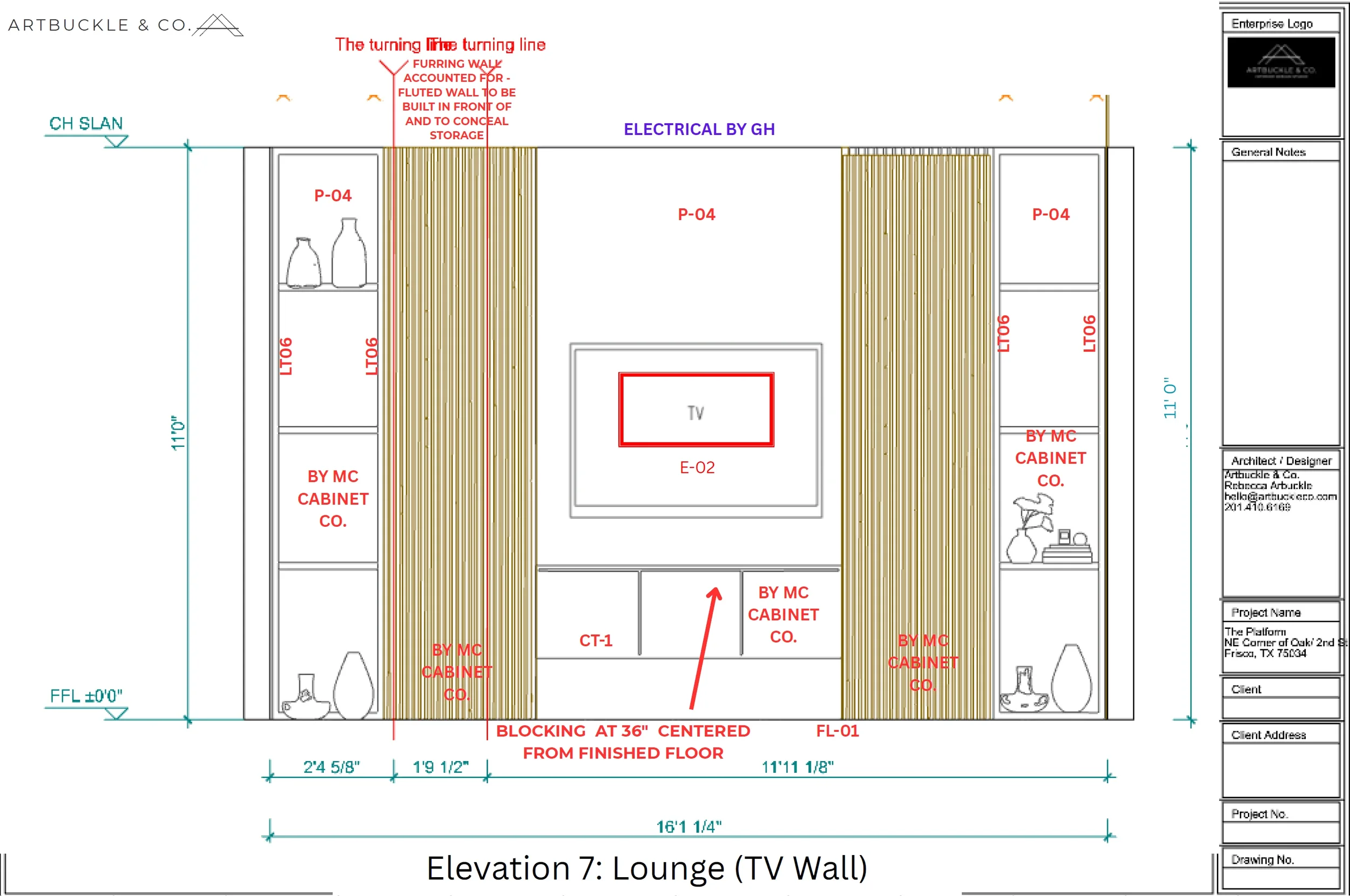 Lounge TV wall elevation drawing for The Platform in Frisco, TX with fluted panels. Designed by Artbuckle & Co.