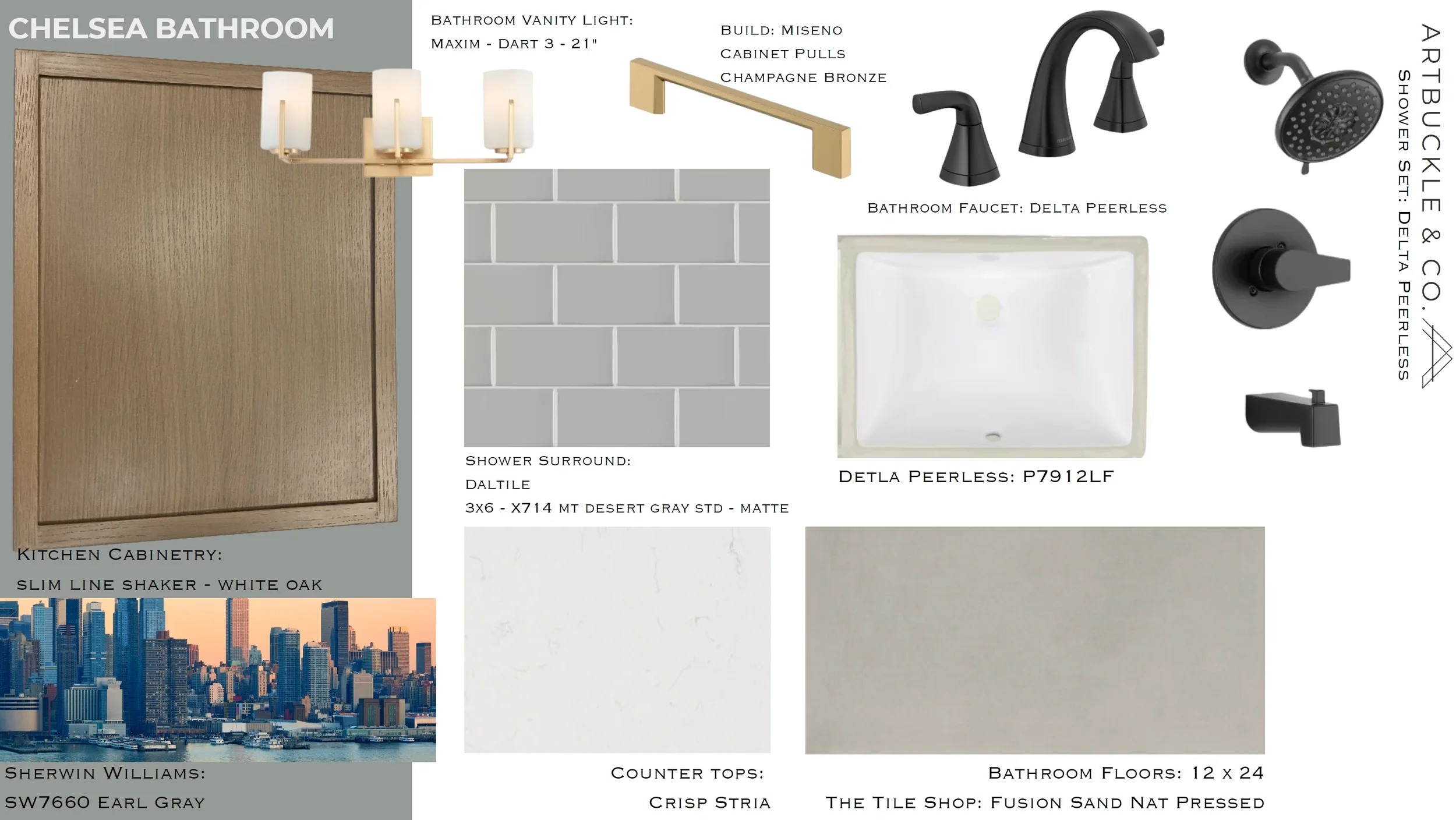 helsea bathroom finish board for The Platform in Frisco, TX with white oak vanity and bronze fixtures. Designed by Artbuckle & Co.