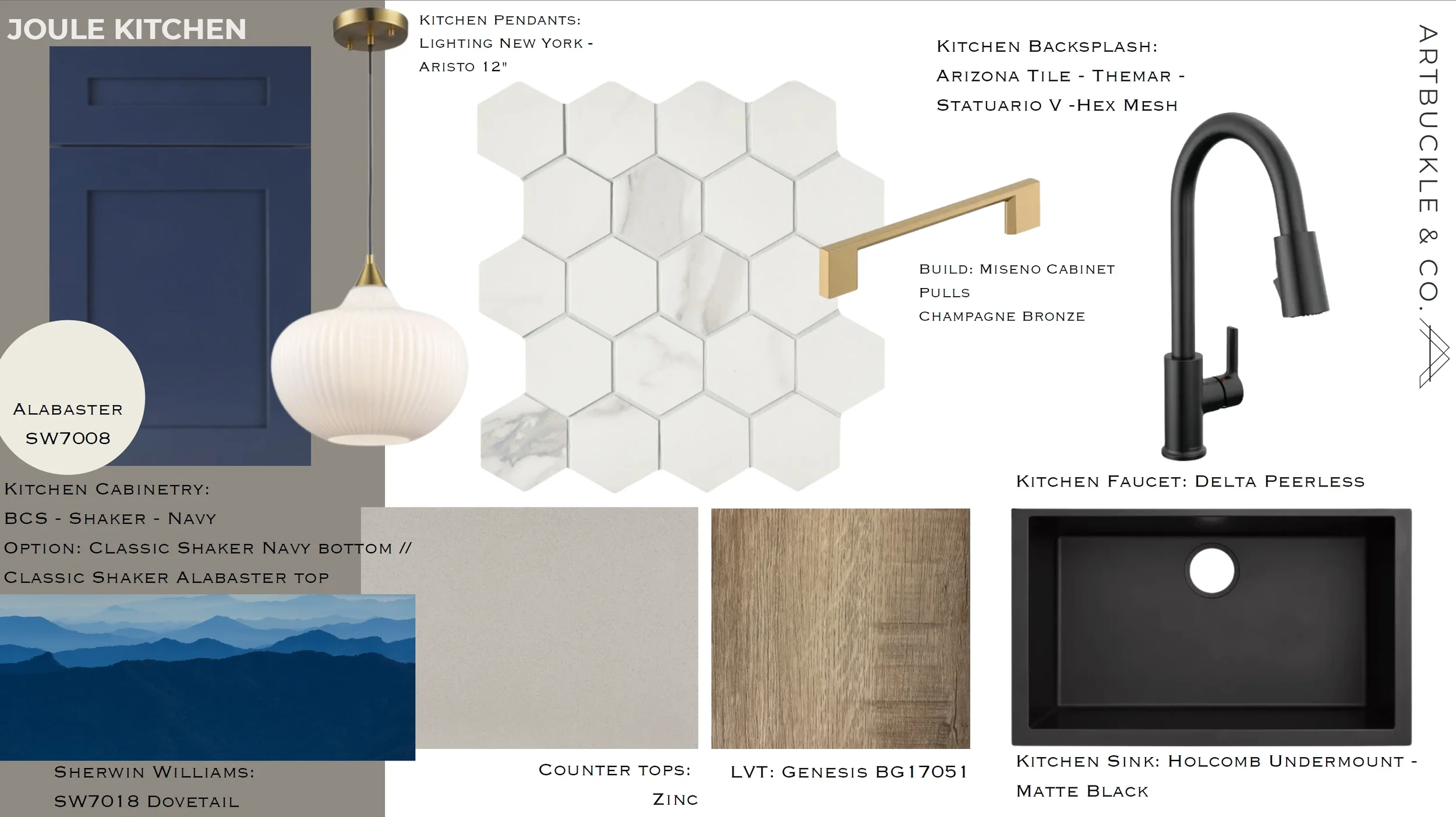 Navy kitchen finish board for The View in Frisco's Rail District with hex tile backsplash and ribbed glass pendant. Designed by Artbuckle & Co.