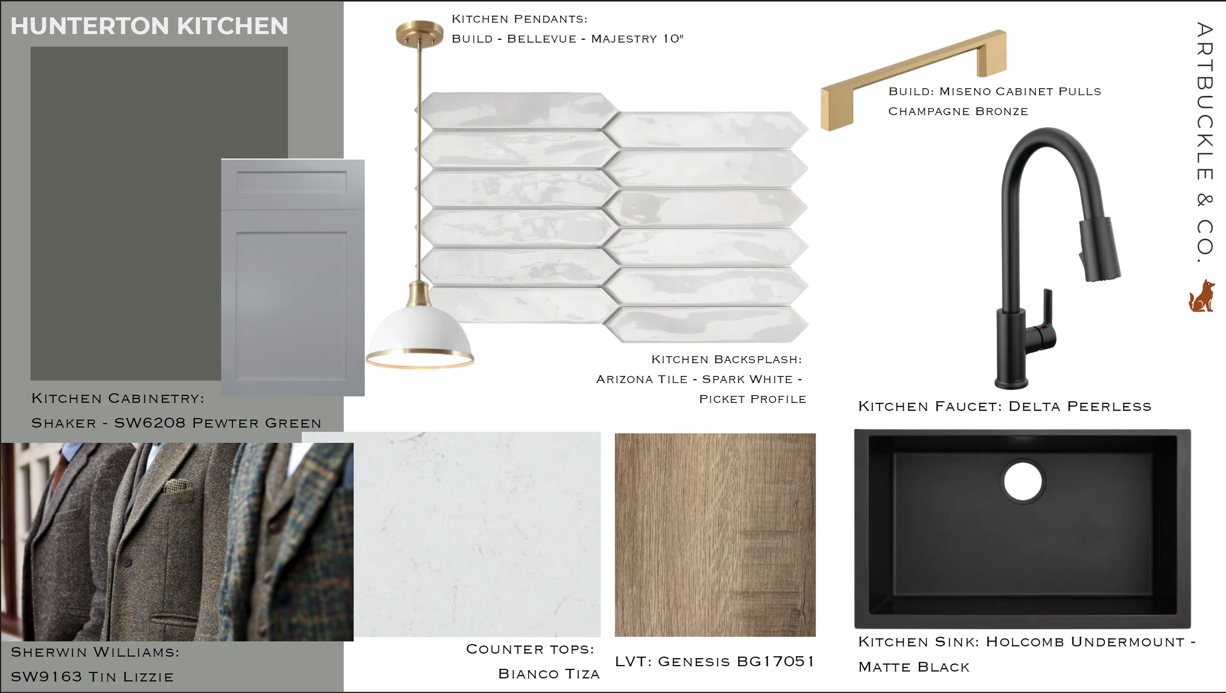 Kitchen material specification board by Artbuckle & Co. featuring Sherwin-Williams Pewter Green cabinetry, Arizona Tile Spark White picket backsplash, Bianco Tiza countertops, LVT flooring, and Delta Peerless matte black fixtures.
