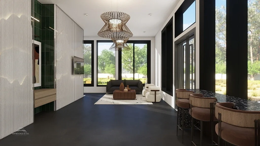 The Platform lobby rendering with fluted wall panels and brass chandelier. Designed by Artbuckle & Co.