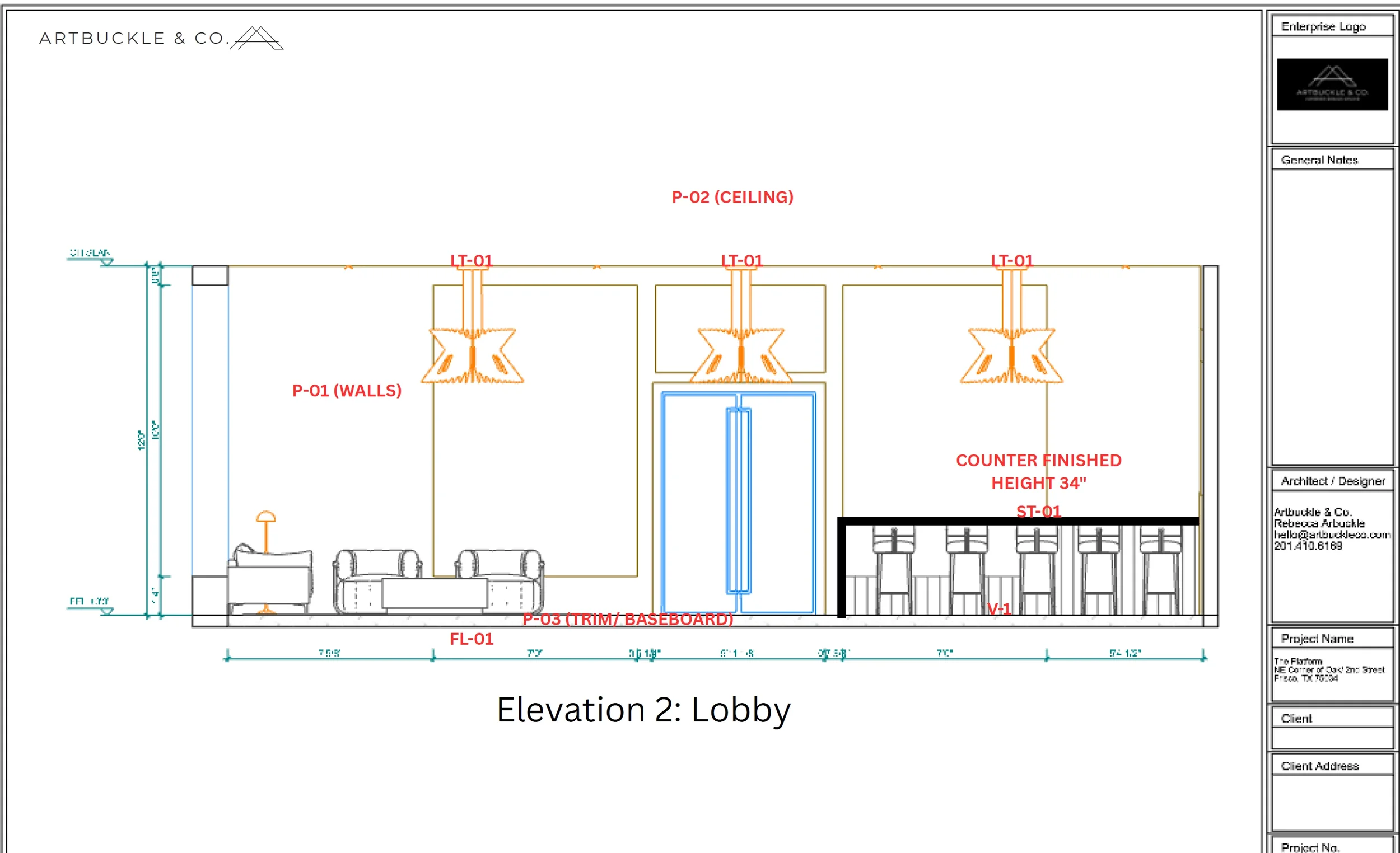 Lobby elevation drawing for The Platform in Frisco, TX with pendant lights and bar. Designed by Artbuckle & Co.