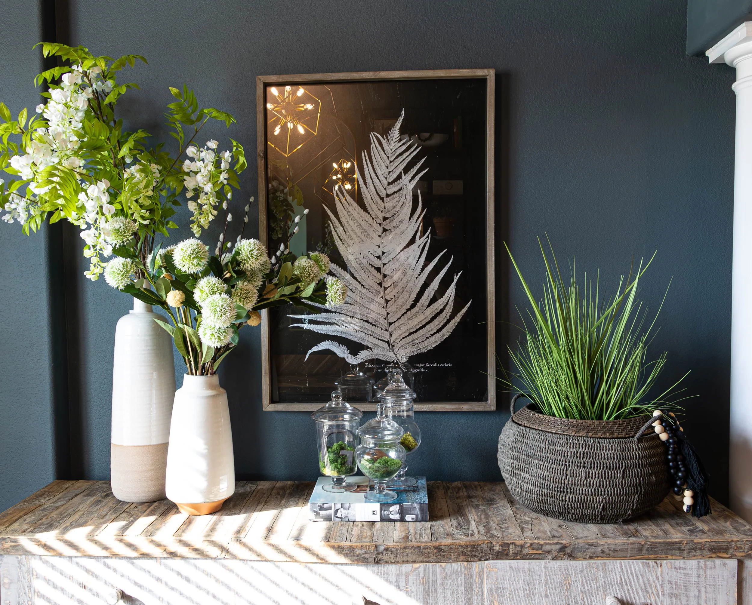 Interior decor with a dark blue wall, various potted plants, a framed botanical print, glass jars with decorative moss, and a rustic wooden table.