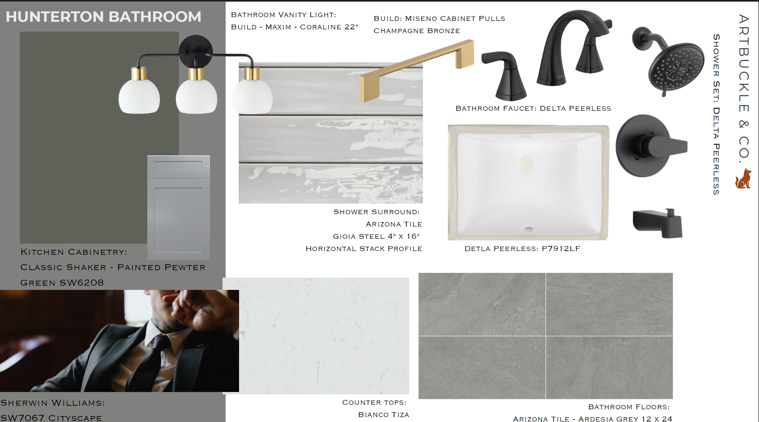 Primary bathroom material specification board by Artbuckle & Co. featuring grey pewter cabinetry, Arizona Tile Rosa White subway tile, Vetri Naturale flooring, and Delta Peerless matte black plumbing fixtures.