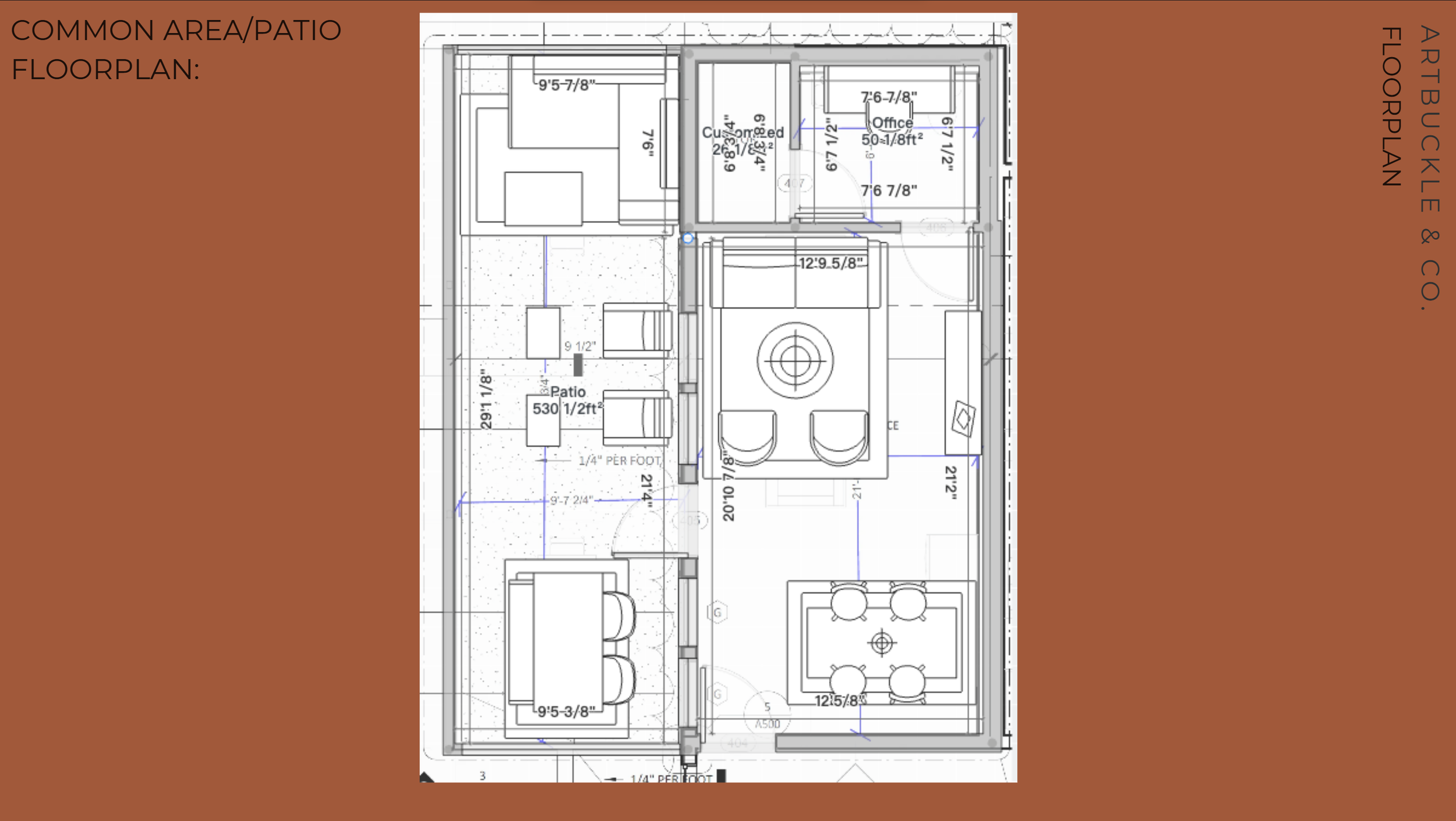Architectural floor plan and spatial layout drawing for the resident amenity lounge and patio at Gateway Park in Dallas, Texas, by Artbuckle & Co.