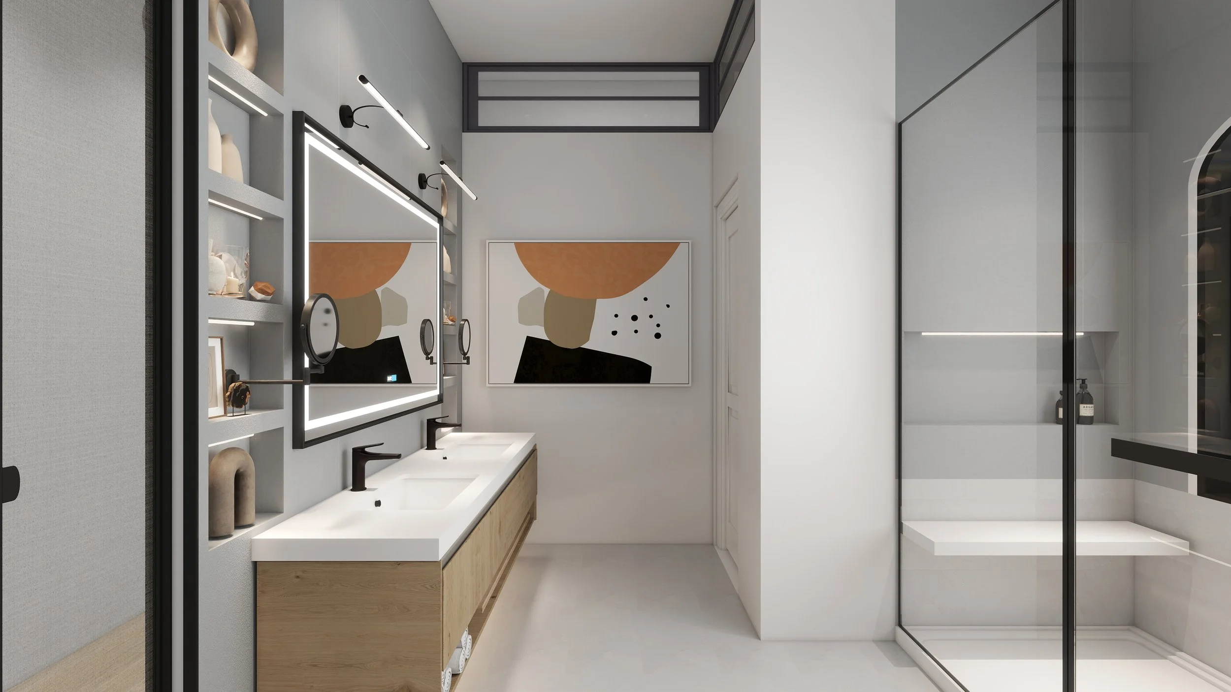 3D rendering of the primary bathroom for a Lakewood Hills home in Dallas, Texas, with a floating oak vanity, a backlit mirror, built-in shelving, abstract art, and a glass-enclosed shower, designed by Artbuckle & Co.