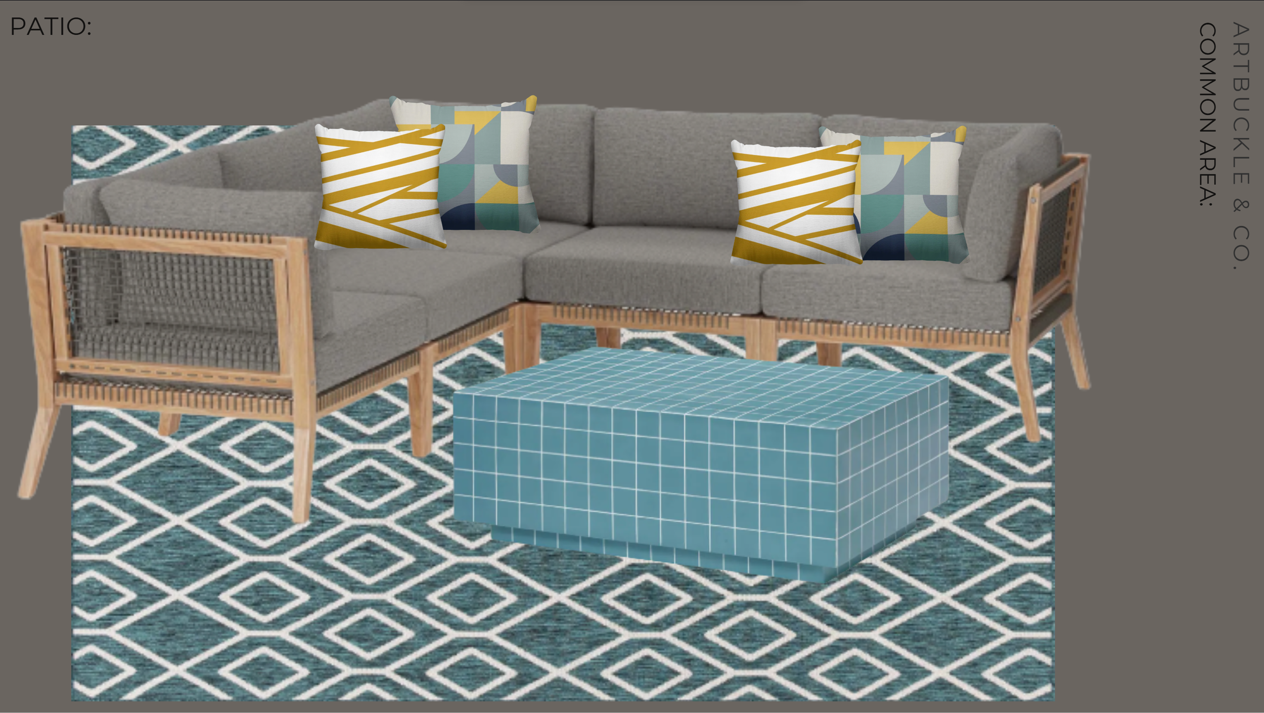 Outdoor patio seating 3D concept and exterior building paint color scheme for Gateway Park Apartments in Dallas, Texas, designed by Artbuckle & Co.