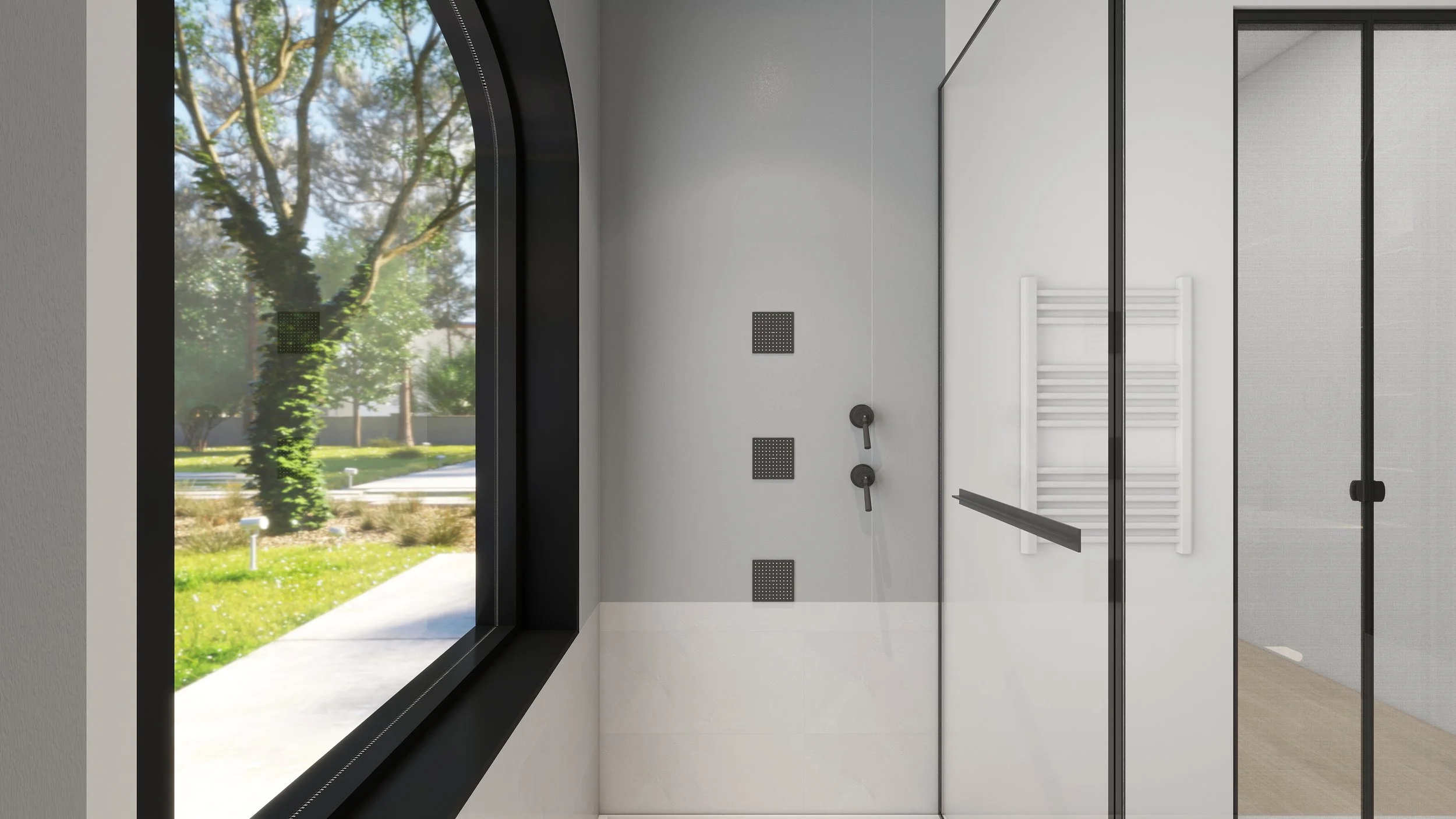 3D rendering of the primary bathroom shower for a Lakewood Hills home in Dallas, Texas, with an arched black-framed window, black fixtures, a wall-mounted towel rail, and a glass enclosure, designed by Artbuckle & Co.