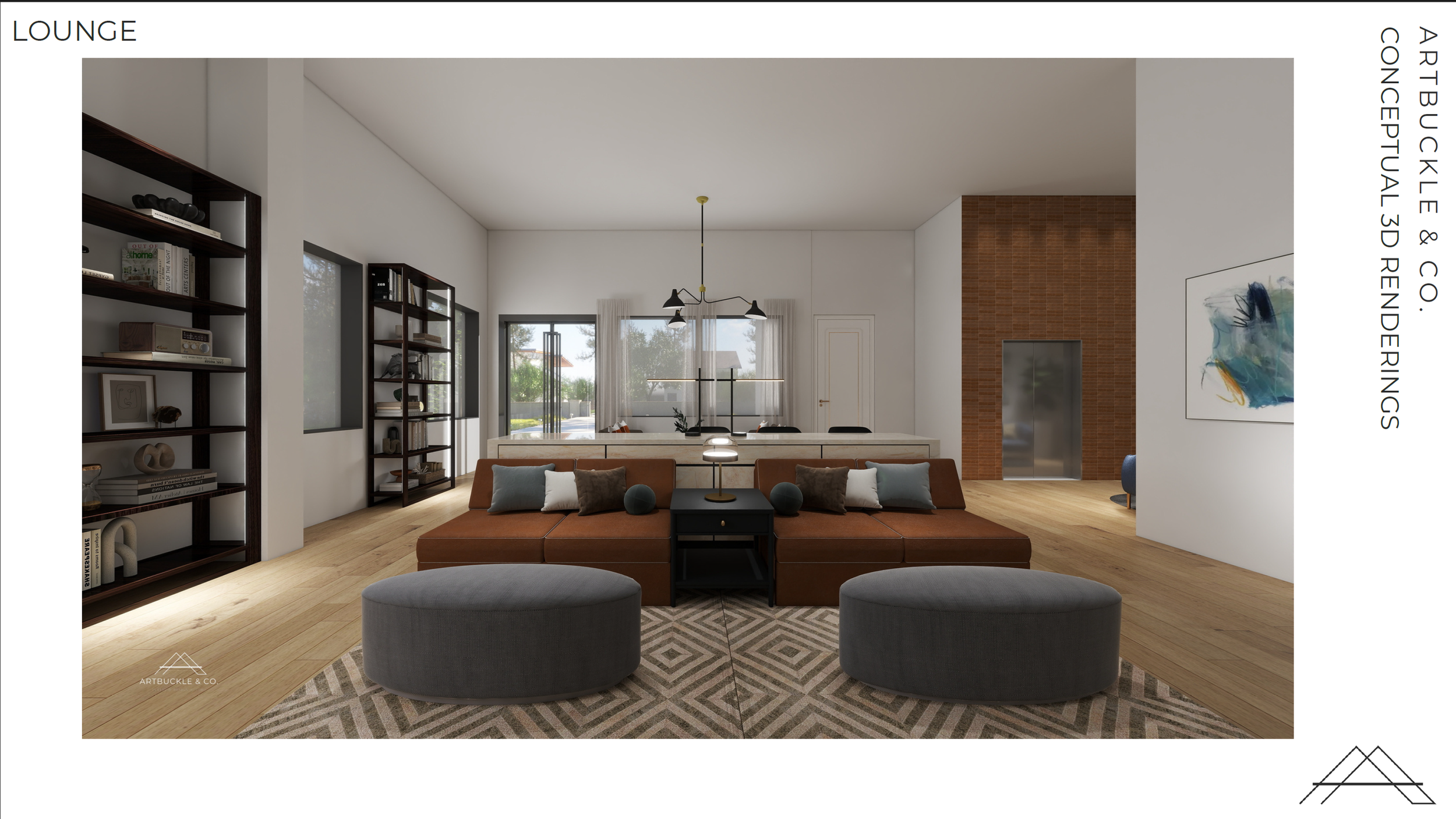 3D rendering of the resident lounge and co-working space at Beacon in Frisco, TX, featuring cognac sectionals, charcoal ottomans, and dark bookshelves, designed by Artbuckle & Co.