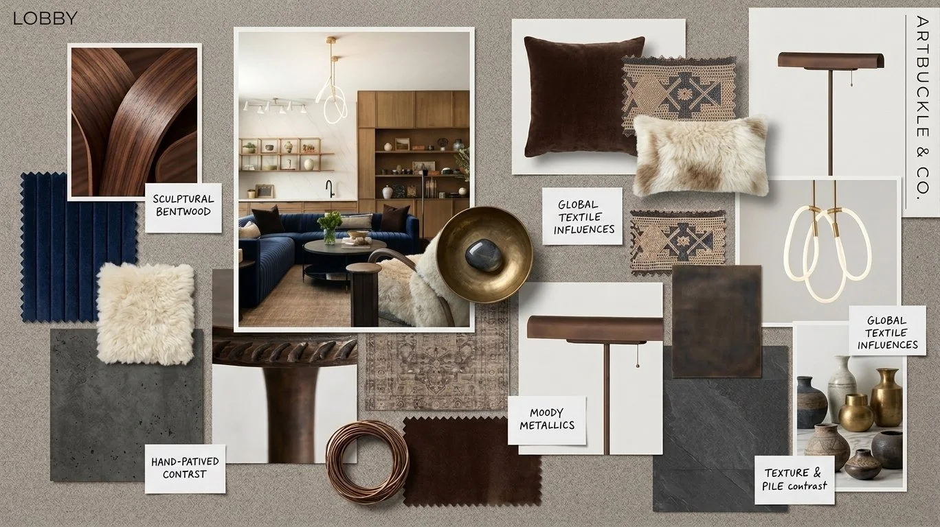 Material mood board for a boutique lobby design by Artbuckle & Co., featuring hand-troweled plaster swatches, global textiles, sculptural bentwood, and dark metallic accents.