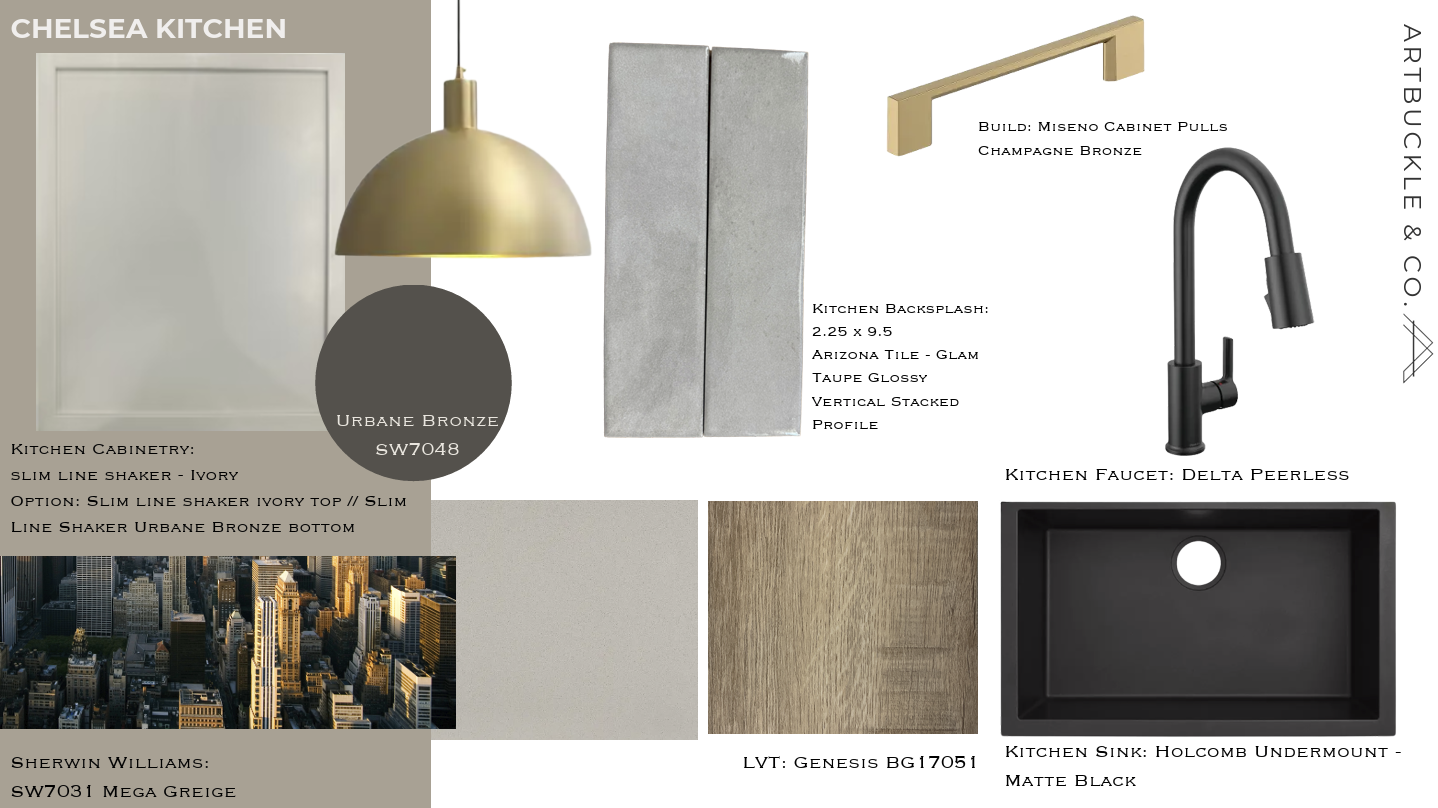Chelsea kitchen finish board for The Platform in Frisco, TX with brass pendant and bronze fixtures. Designed by Artbuckle & Co.