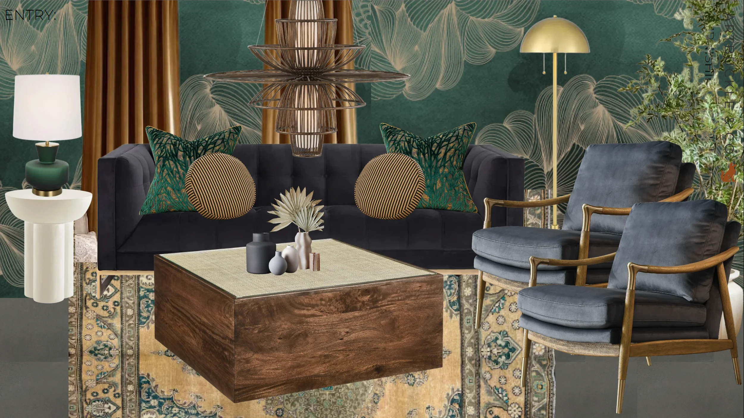 Entry design board for The Platform in Frisco, TX with navy sofa and botanical wallpaper. Designed by Artbuckle & Co.