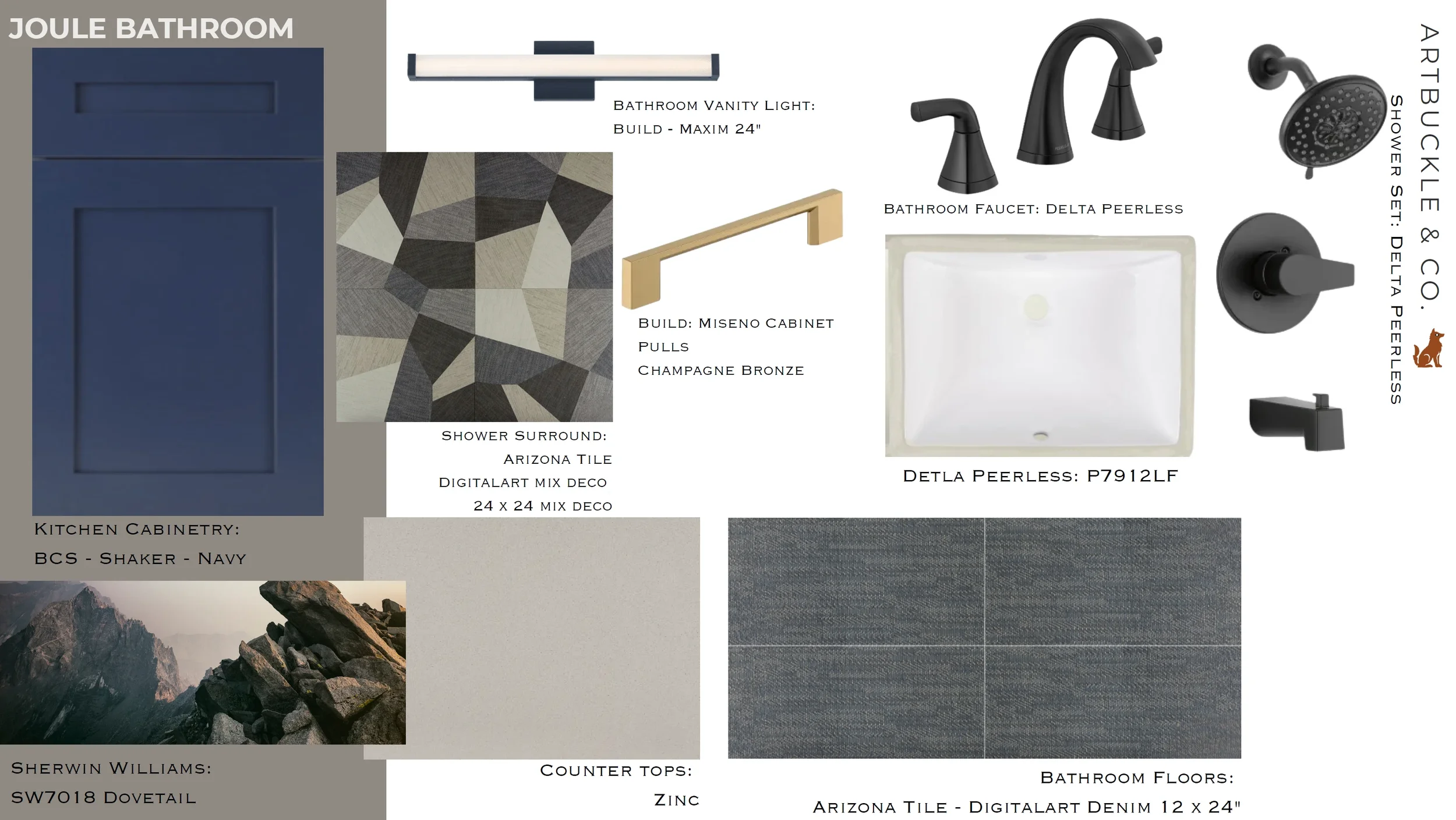 Navy bathroom finish board for The View in Frisco's Rail District with mixed-tone tile and navy shaker cabinetry. Designed by Artbuckle & Co.