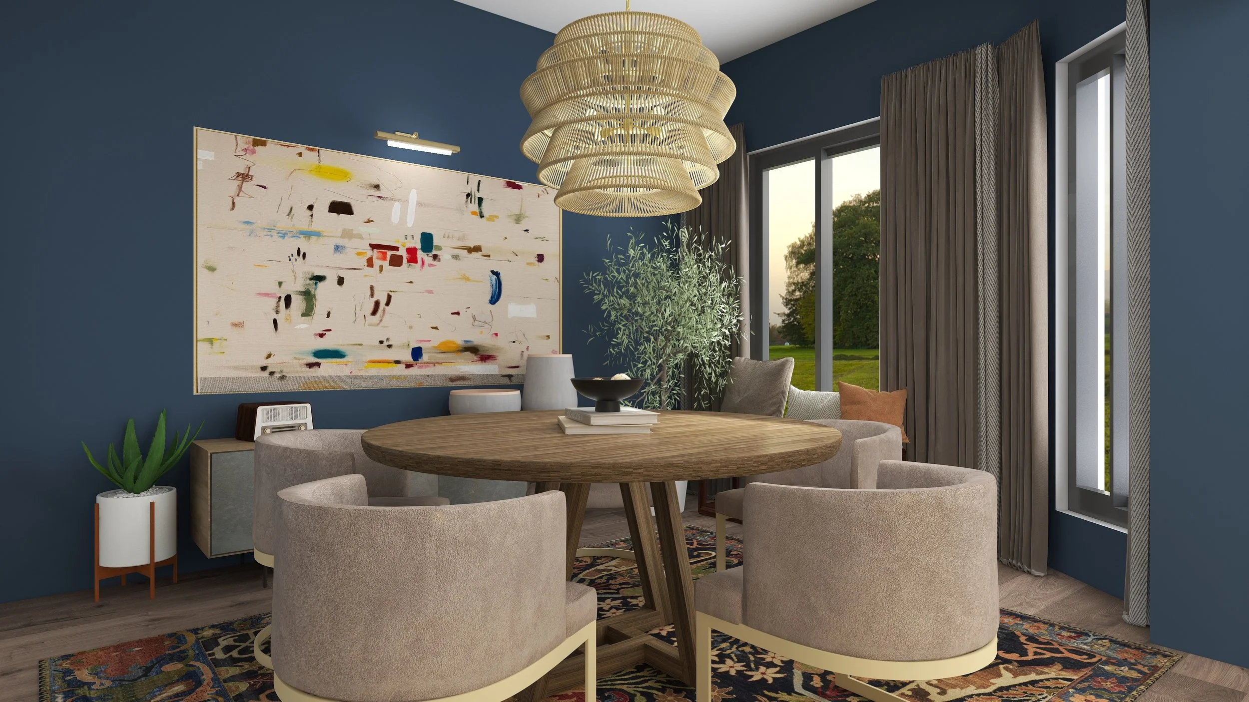 3D concept rendering of a luxury dining room in Sunnyvale, TX, featuring blue walls, a round wood table, woven drum chandelier, grey armchairs, and colorful abstract art, designed by Artbuckle & Co.