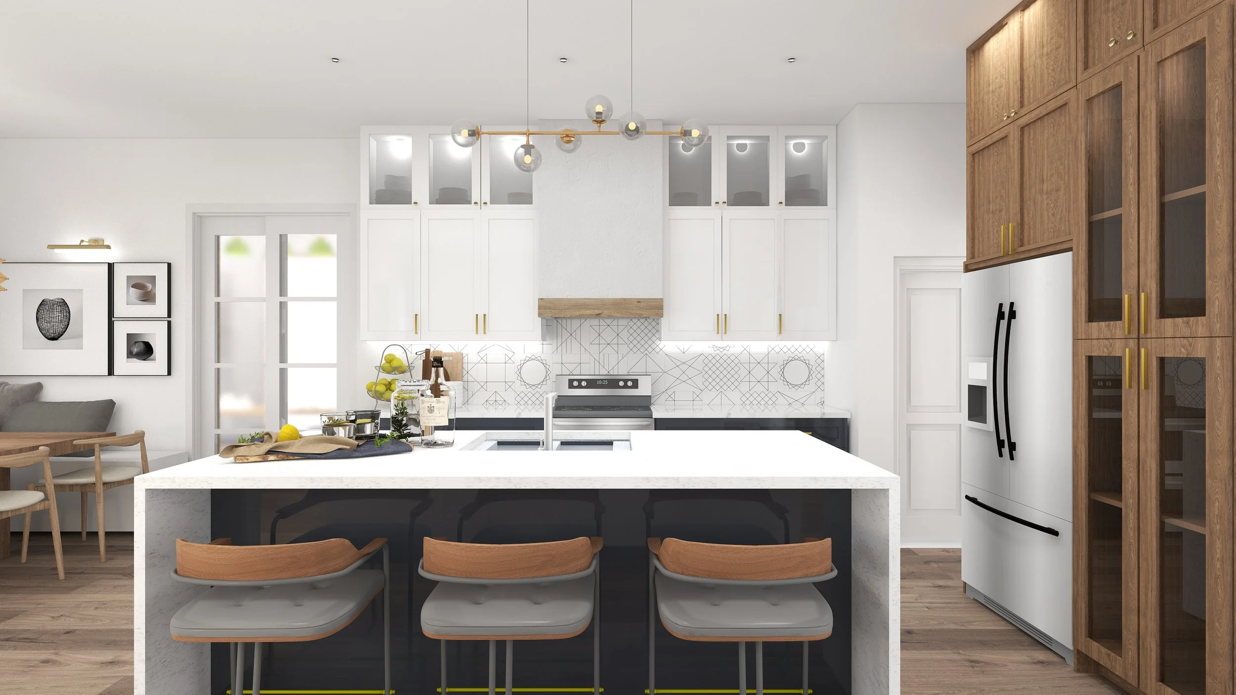 3D concept rendering of a luxury kitchen in Sunnyvale, TX, featuring white upper cabinets, a dark island with grey stools, tile backsplash, and brass pendants, designed by Artbuckle & Co.