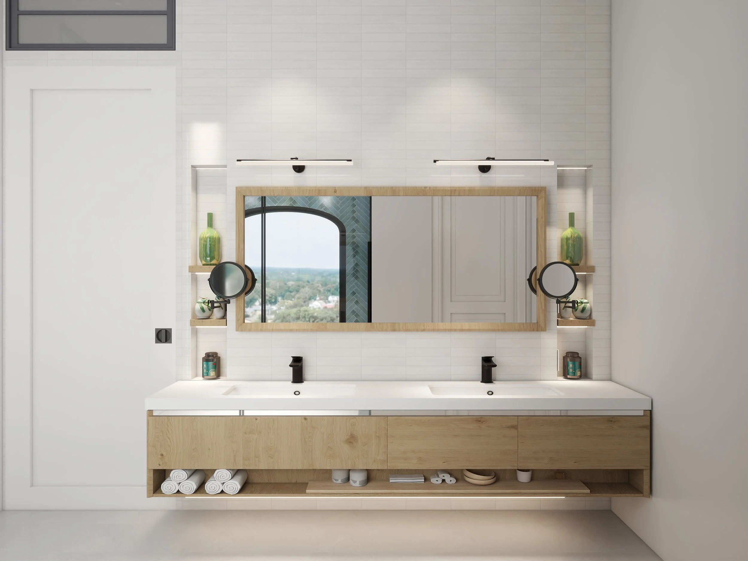 3D rendering of the primary bathroom double vanity for a Lakewood Hills home in Dallas, Texas, with a floating oak vanity, a wood-framed mirror, black faucets, and lit wall niches, designed by Artbuckle & Co.