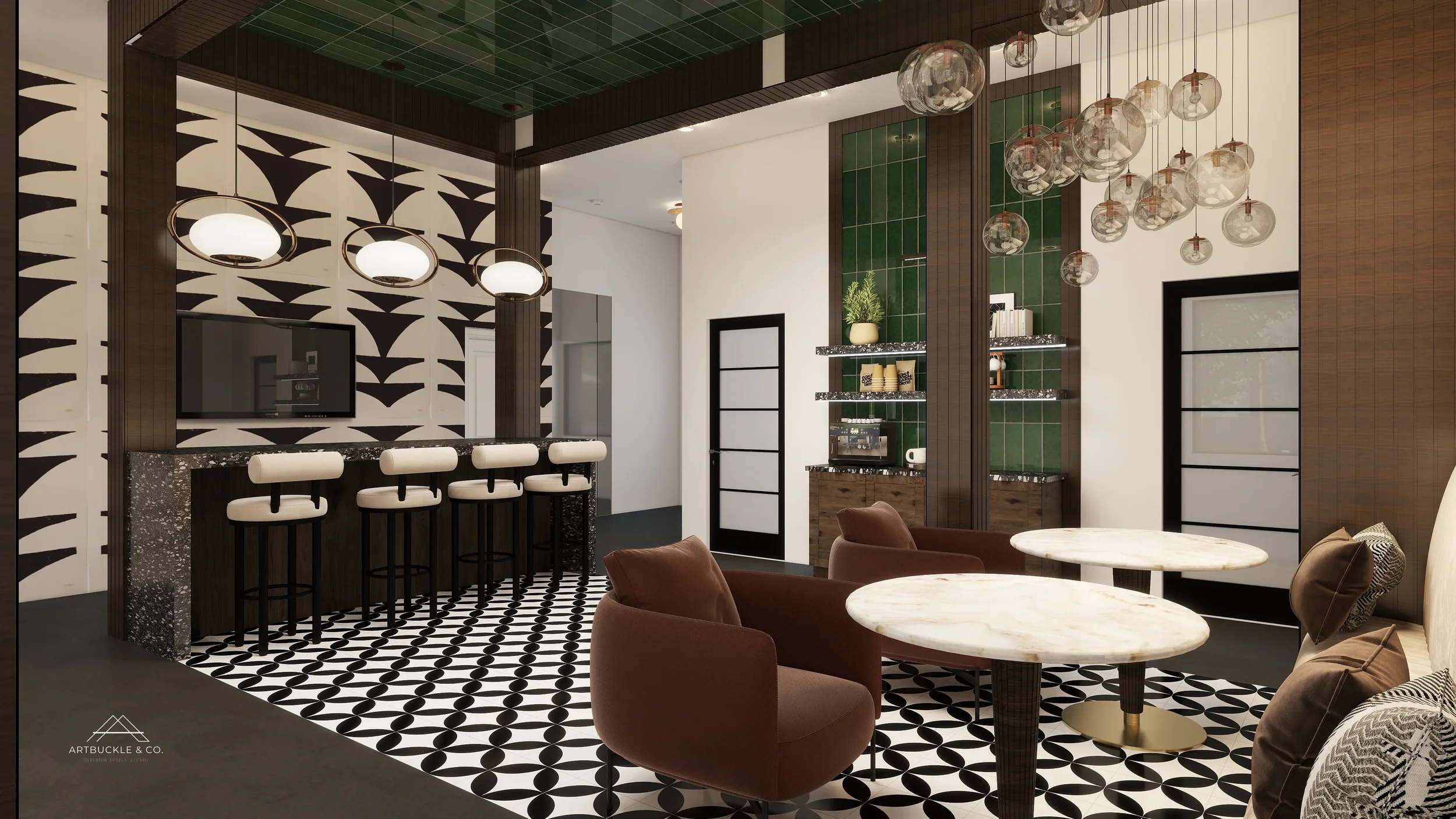 The Platform bar and café lounge rendering with globe pendants and marble tables. Designed by Artbuckle & Co.