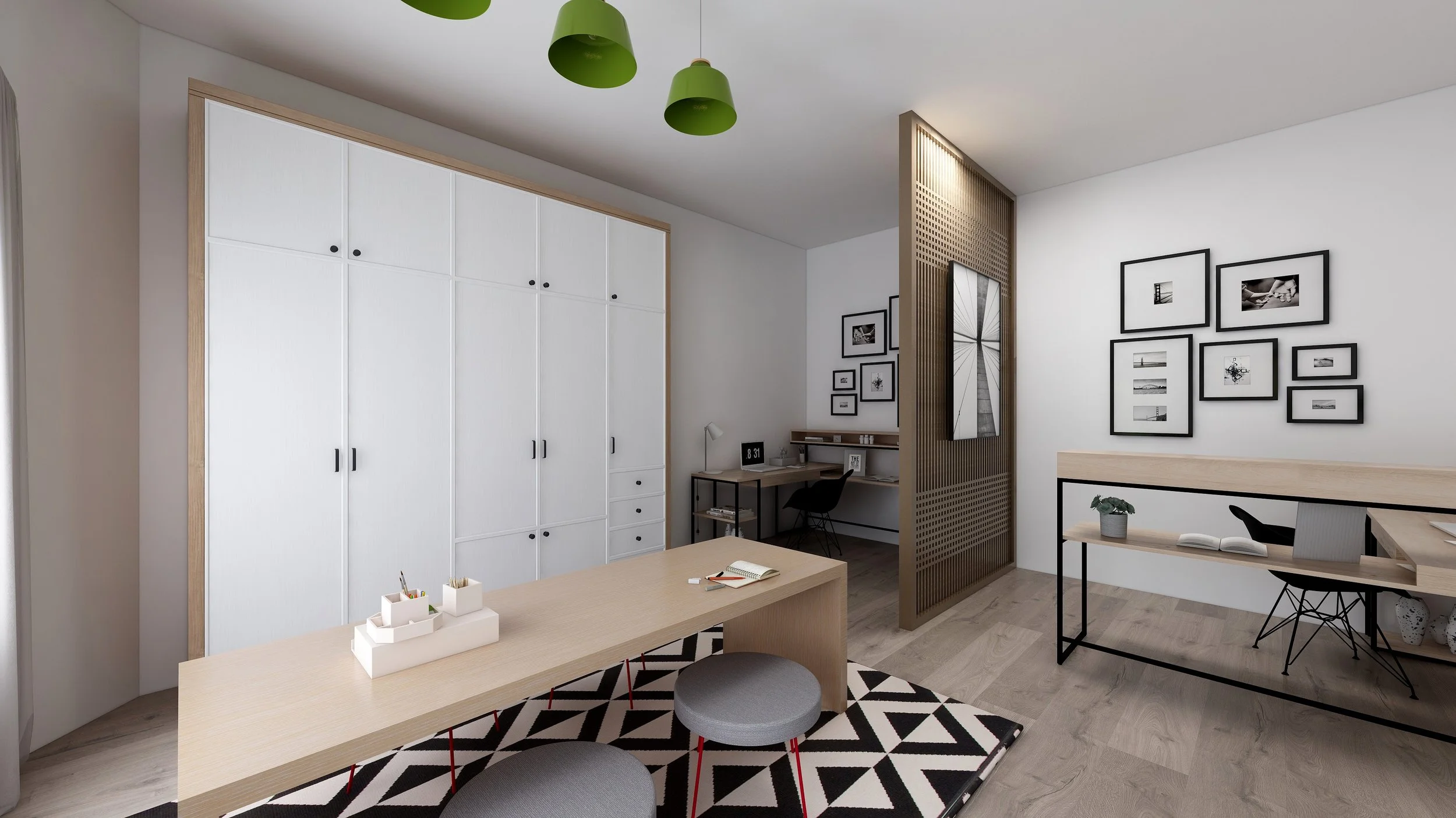 3D concept rendering of a modern media and game room layout in Sunnyvale, TX, featuring white cabinetry, a gallery wall, desk nook, and geometric rug, designed by Artbuckle & Co.
