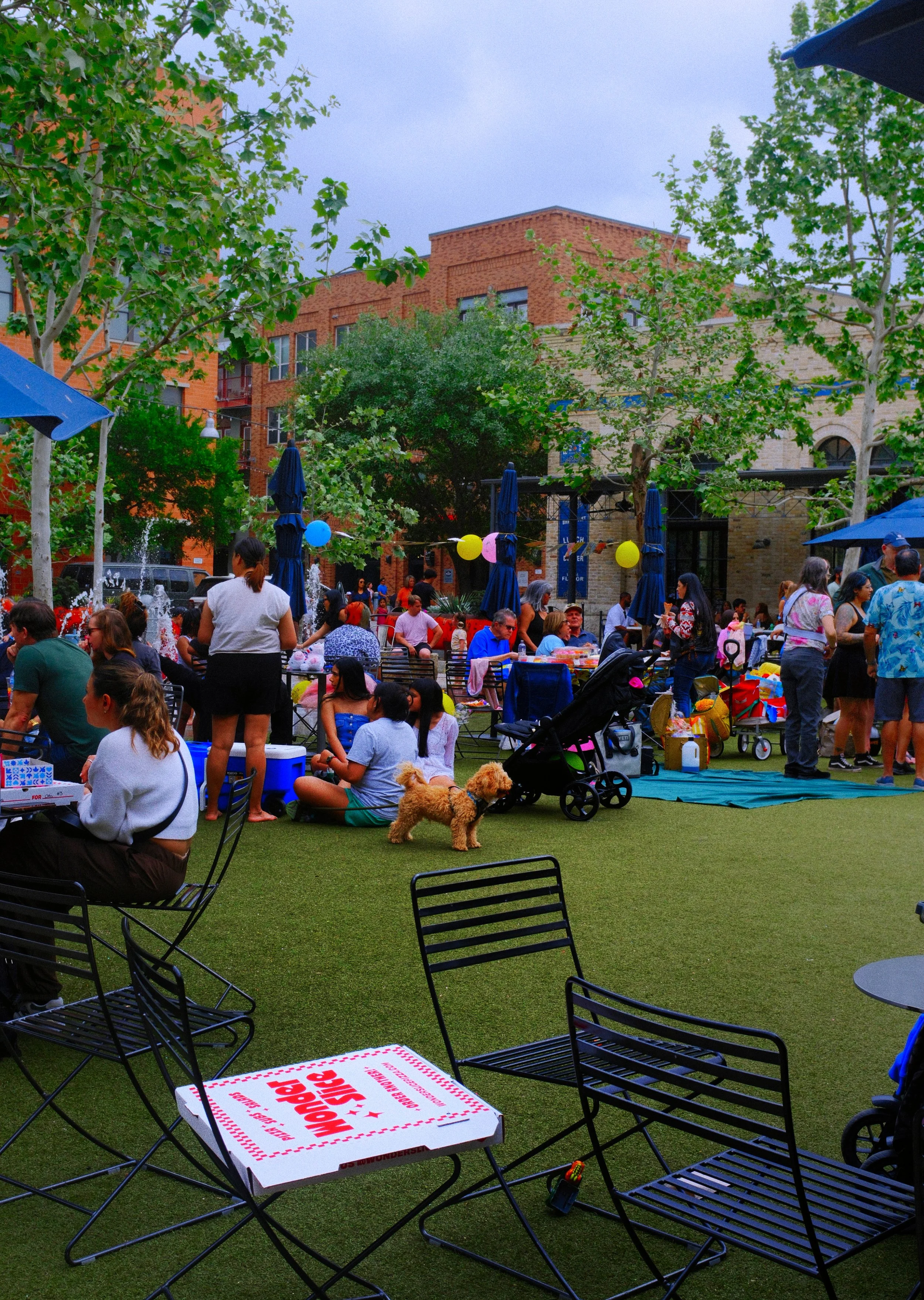 A lively outdoor gathering with people of various ages socializing, sitting on chairs, and playing on a grassy area surrounded by trees and buildings. Balloons decorate the scene, and a small dog is present among the attendees.