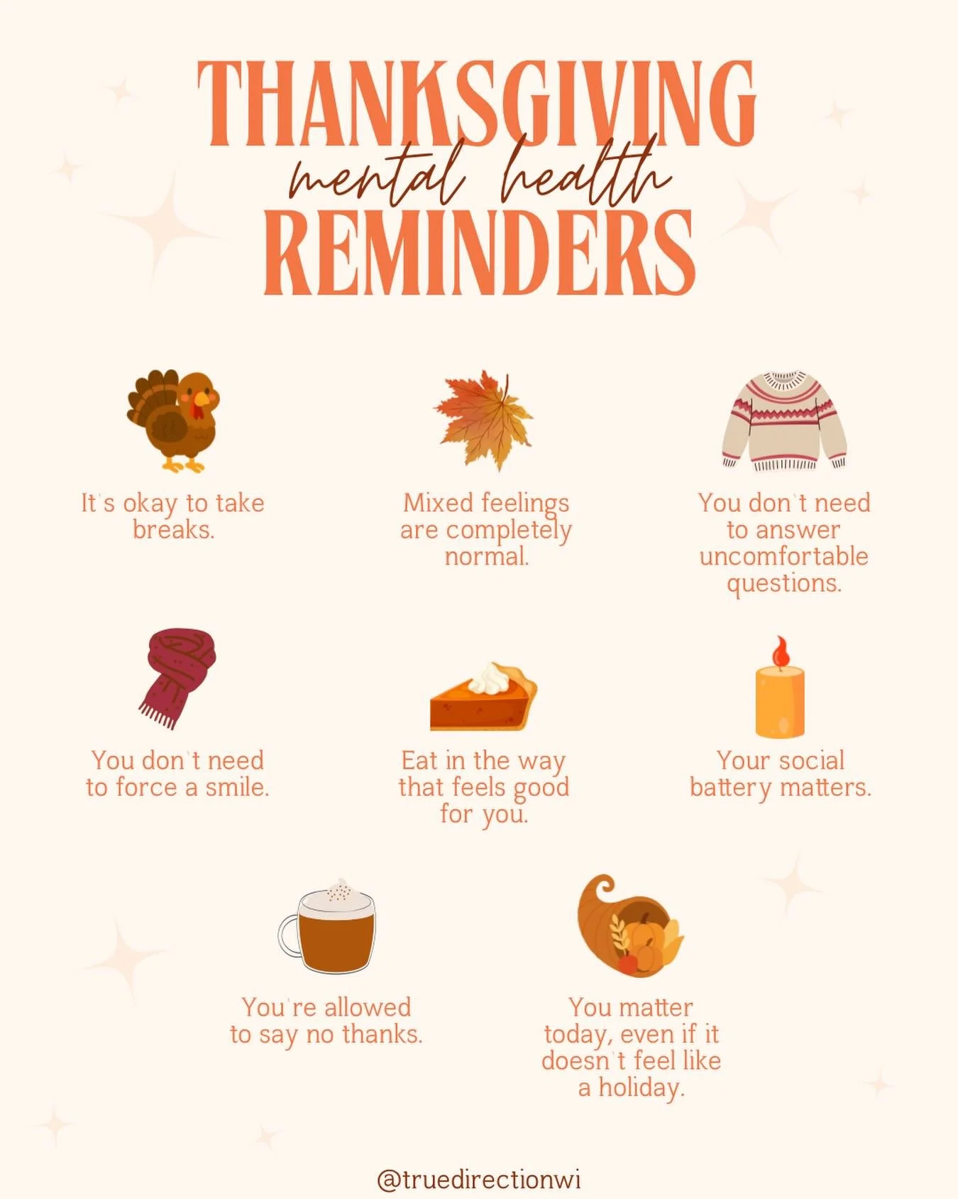 Thanksgiving is a time for gratitude, and it can also feel stressful &amp; complicated. If this season feels heavy, you&rsquo;re not alone. 
Prioritize your mental health: set boundaries, take breaks, and let go of comparisons 🧡