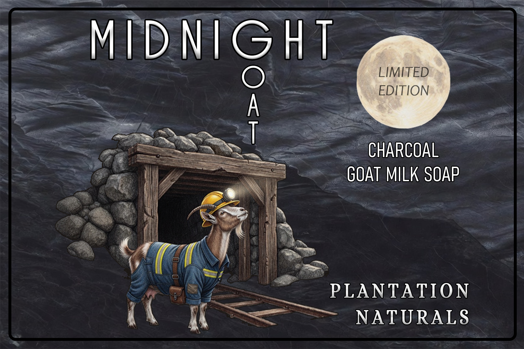 A cartoon goat wearing a miner's helmet and a reflective vest, standing at the entrance of a mine shaft built with wooden beams and surrounded by rocks, with a large full moon in the night sky. The image promotes Midnight Oat, a limited edition charcoal goat milk soap from Plantation Naturals.