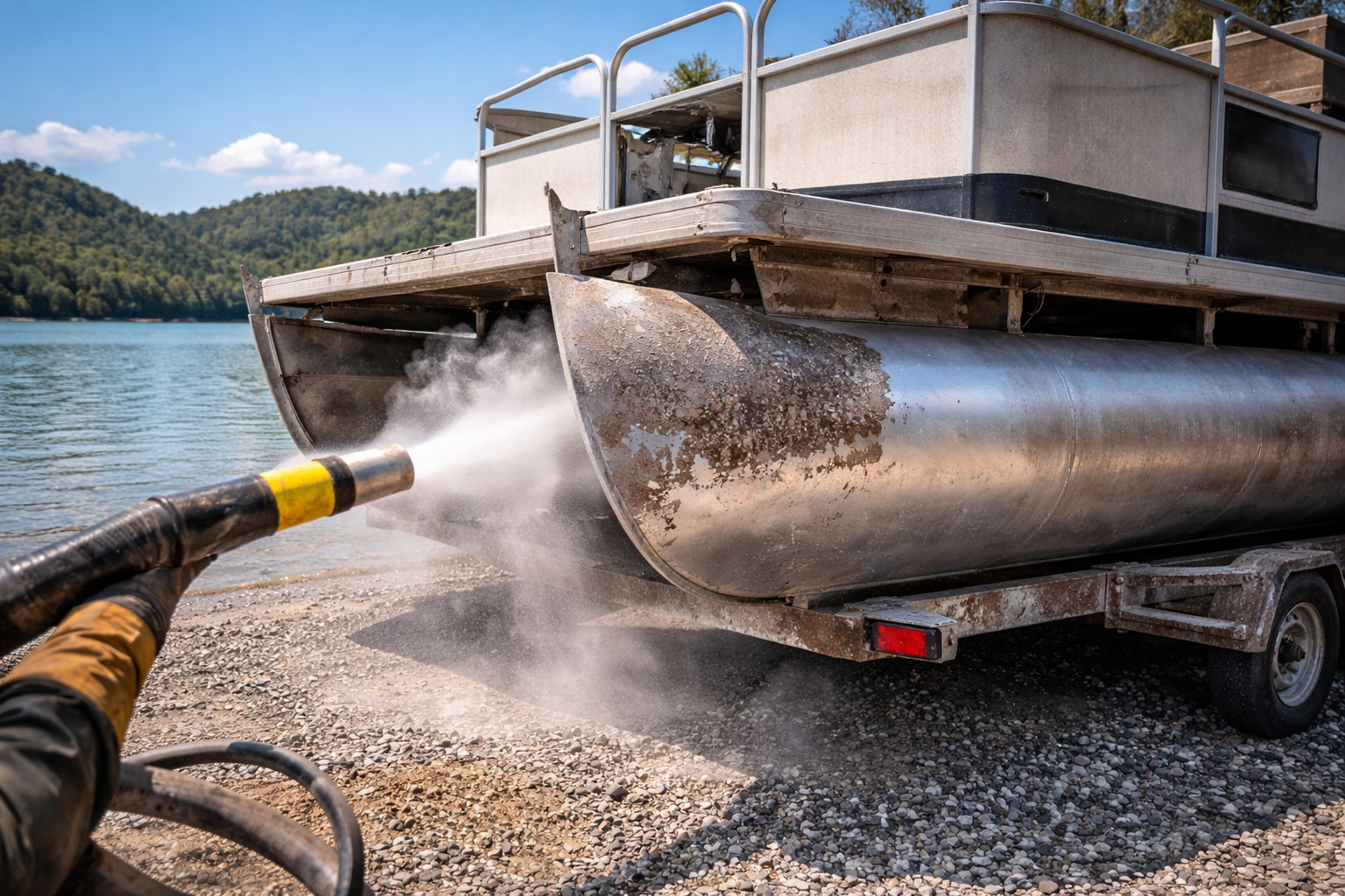 A boat on a trailer being restored with a sand blaster by a hose at a lakeshore with mountains and blue sky in the background.