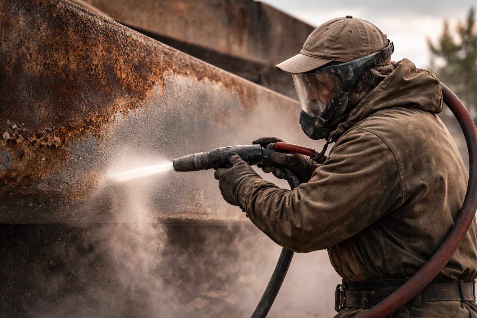 A person wearing a brown jacket, cap, and protective gear is using a mobile sand blaster to restore a rusty metal surface outdoors.