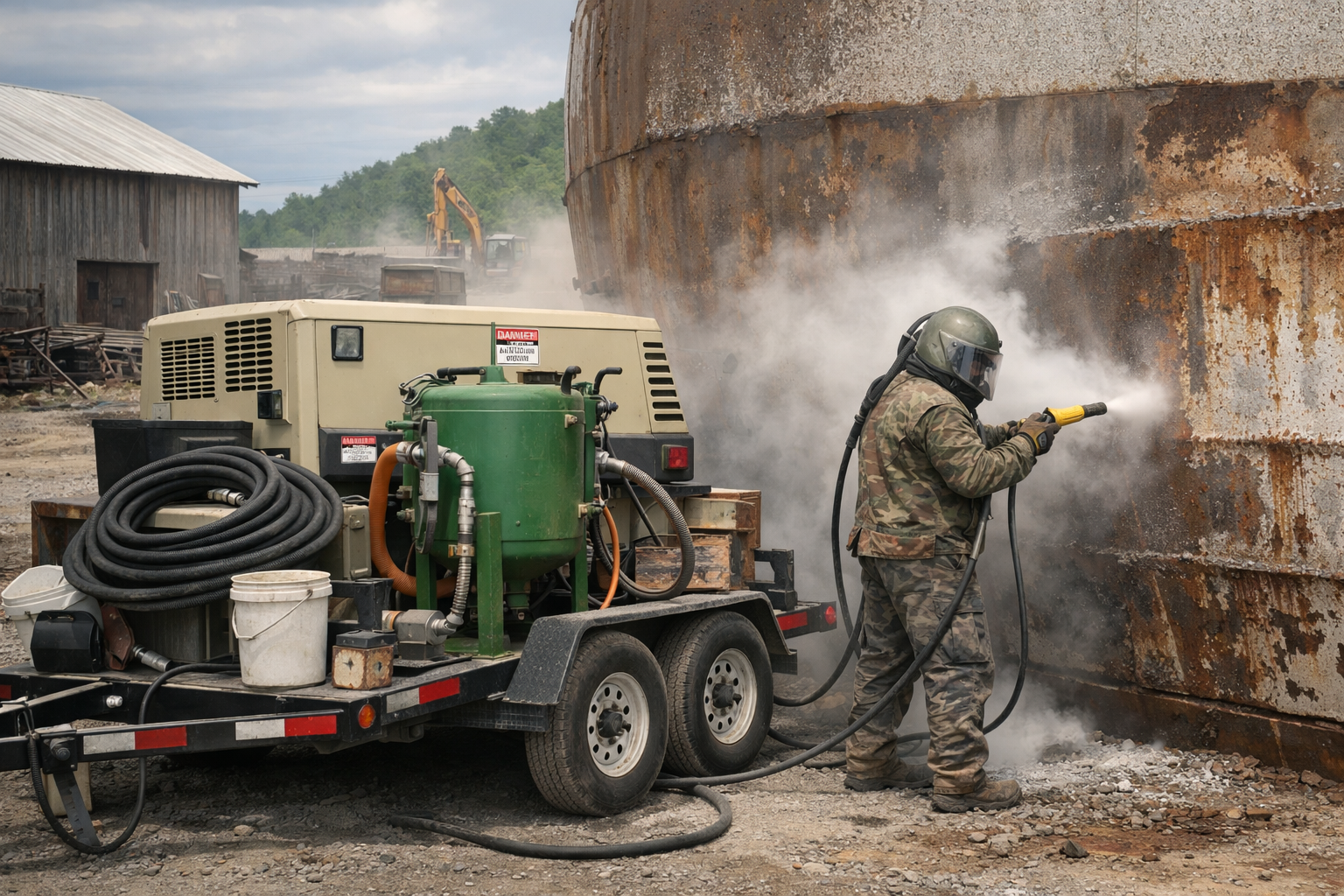 A worker using a mobile sand blaster to restore a rusty metal surface outdoors. There is industrial equipment and a trailer with hoses nearby, and a construction or industrial site with machinery in the background.