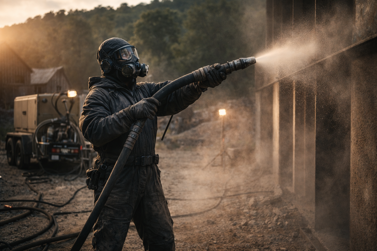 Worker wearing protective gear and a mask sandblasting an industrial building during restoration.