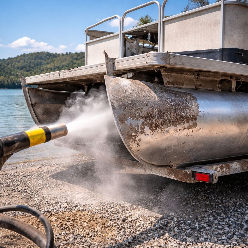 Person sandblasting the hull of a boat on a gravel shoreline with a lake and trees in the background.