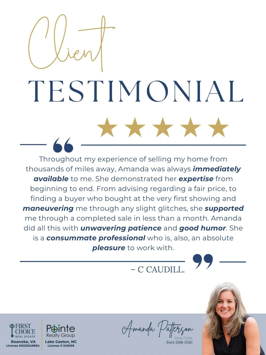 Five-star experiences start with trust and end with results. Don&rsquo;t just take my word for it, hear it from my clients.

#realestate #realtor #testimonial #5starreview #roanokeva