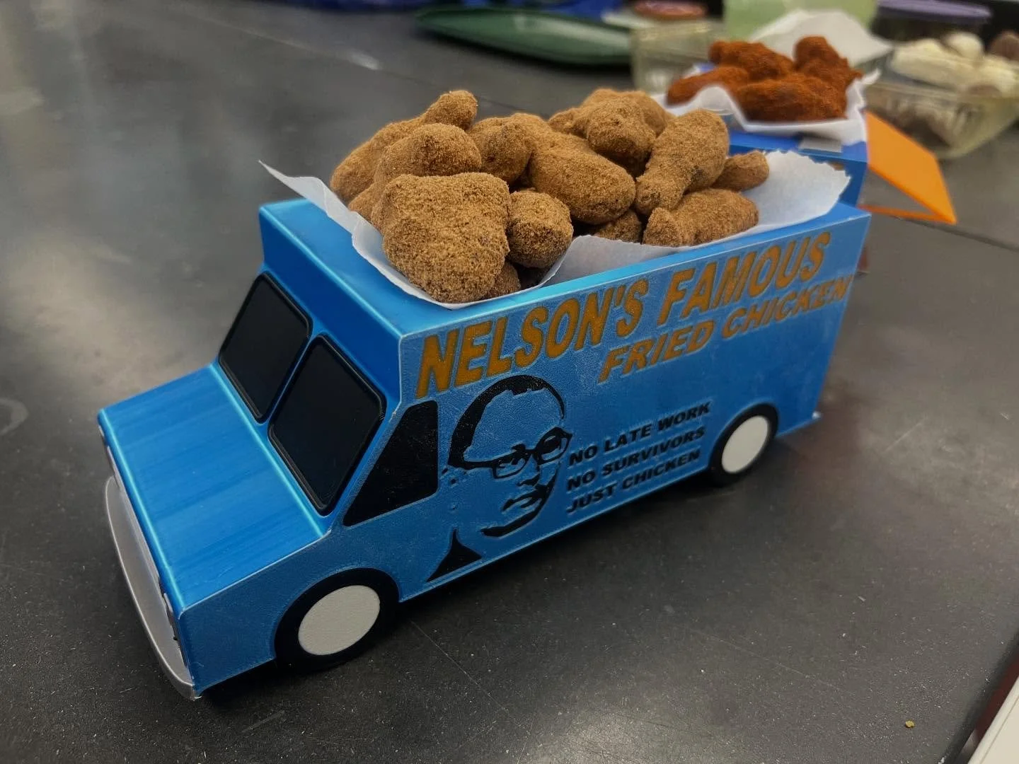 My final for advanced 3d printing. Custom chocolate fried chicken. 

Started with a scan of some fried chicken, cleaned in Rhino, processed and edited in Z-Brush,printed on a resin printer, mold made of silicon then cast in milk and dark chocolate be