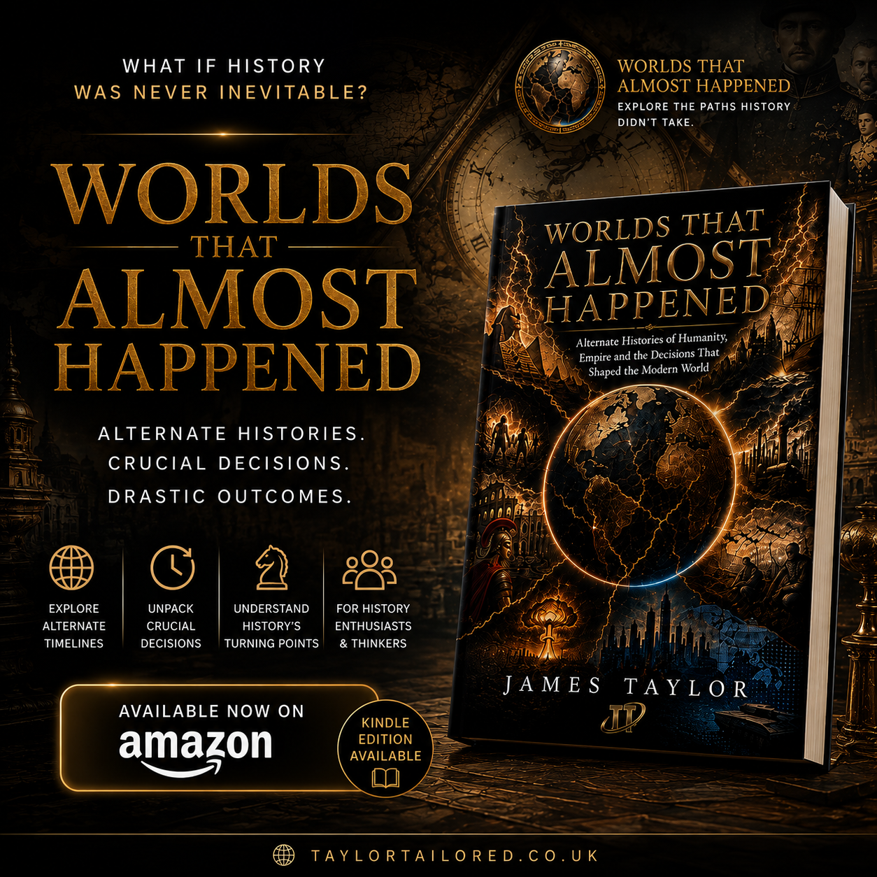 Worlds That Almost Happened is a gripping counterfactual history book exploring the alternate timelines that could have reshaped humanity, empire, war, and the modern world.